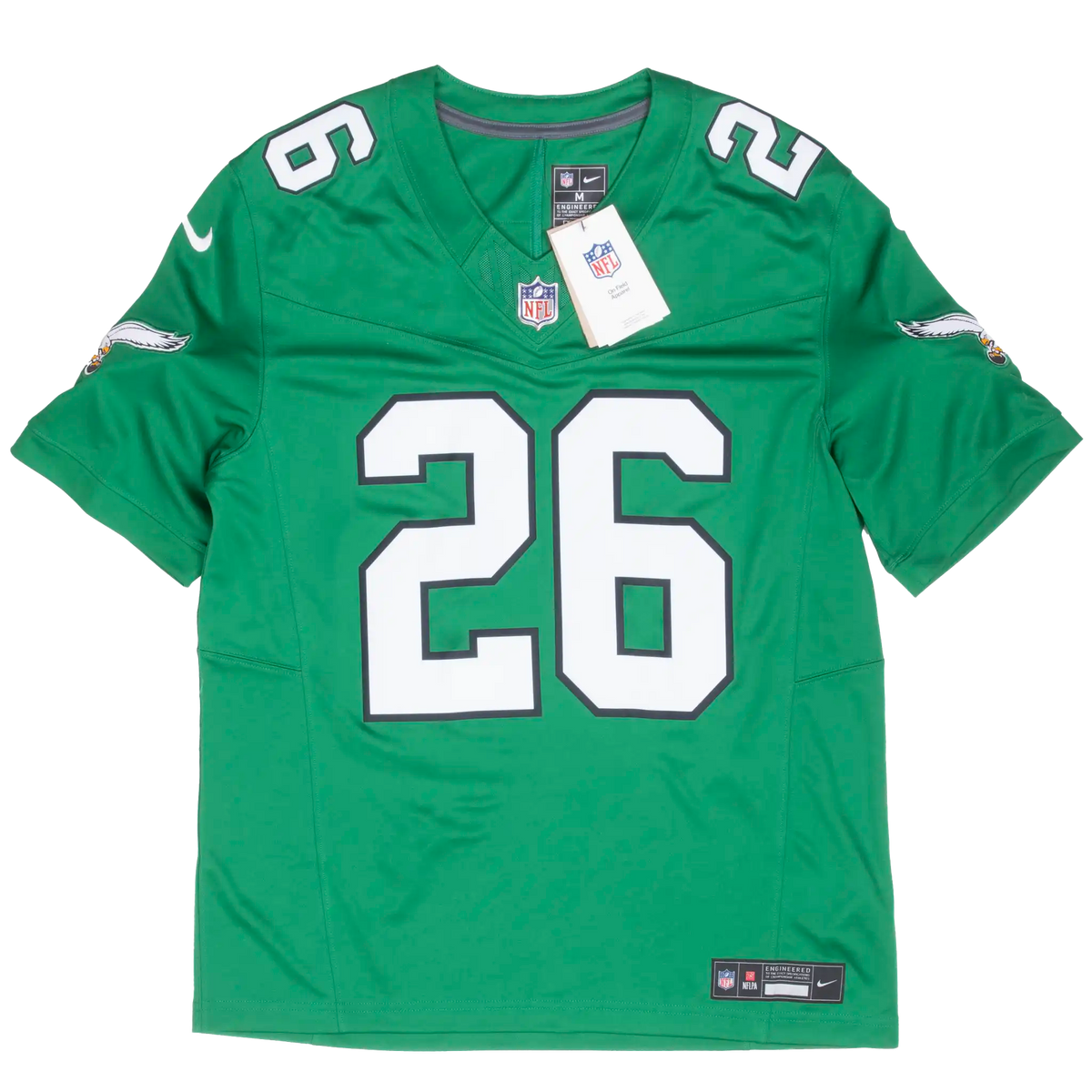 Front of green Nike Philadelphia Eagles Barkley jersey with white and black #26 graphics