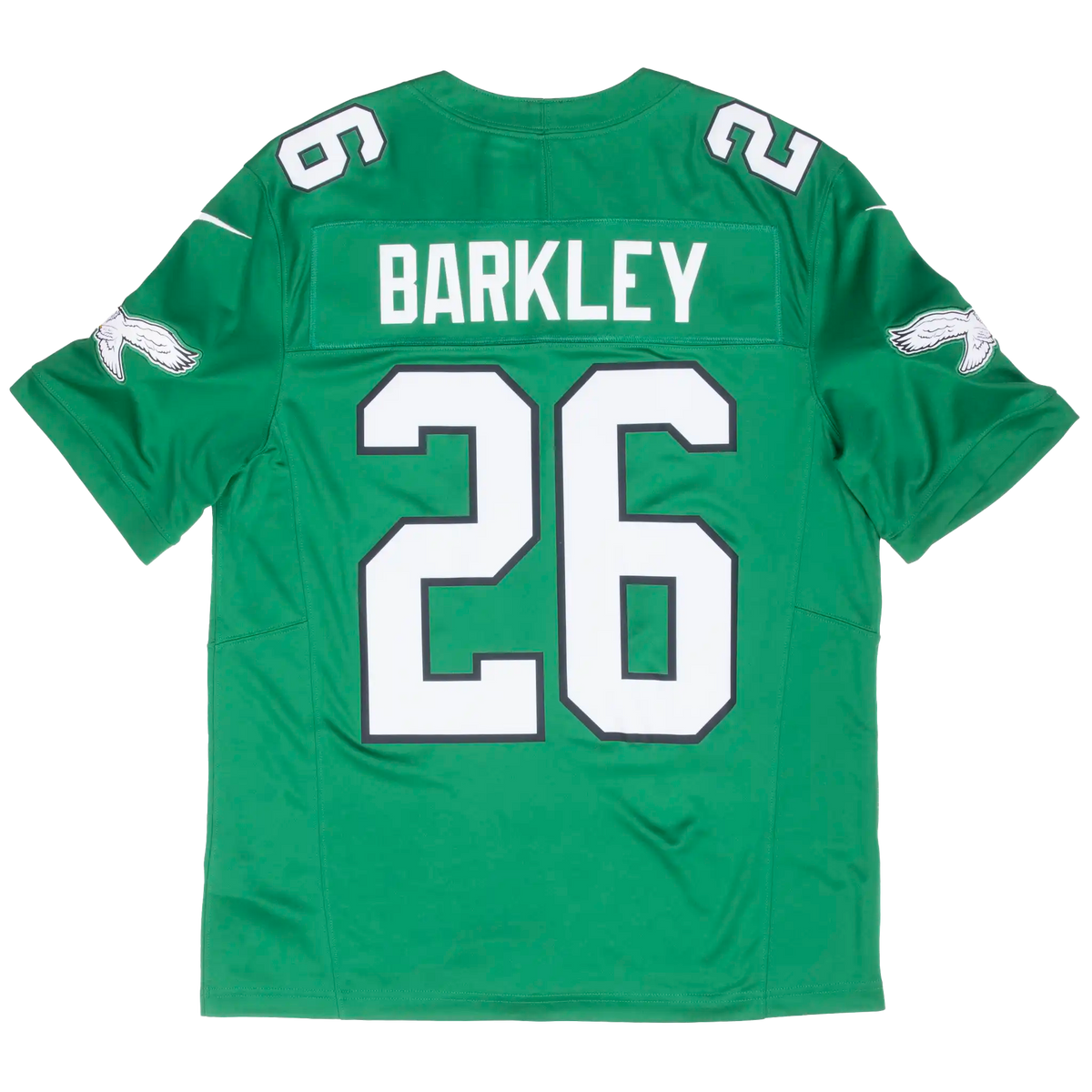 Back of green Philadelphia Eagles jersey with BARKLEY lettering and white and black #26
