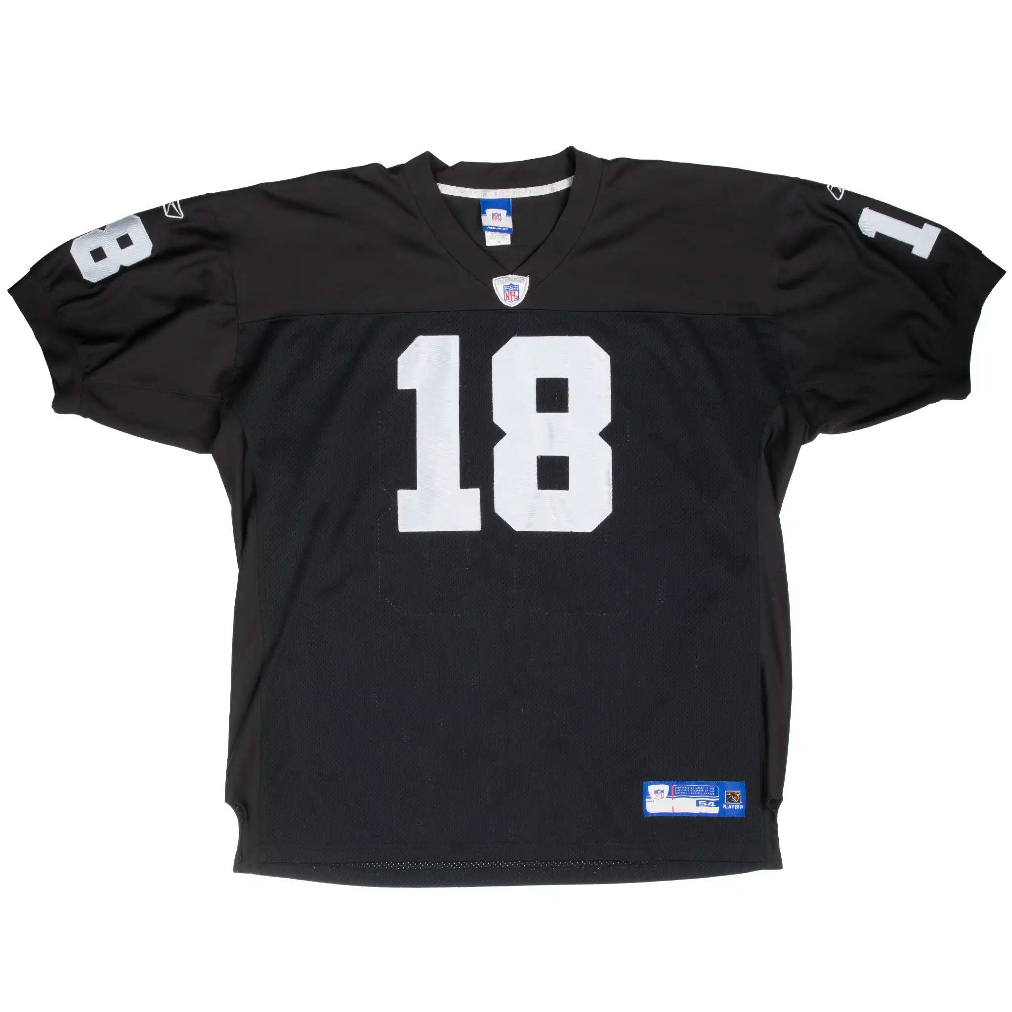 Front of black Oakland Raiders Randy Moss #18 Reebok jersey