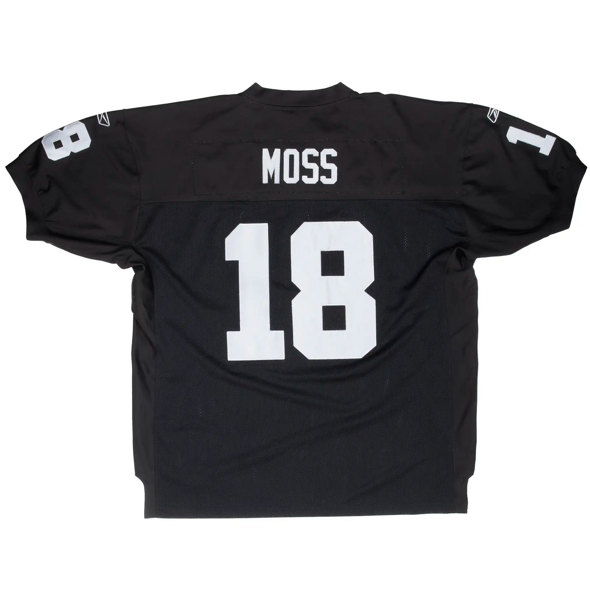 Back of black Oakland Raiders jersey with Moss name and number 18