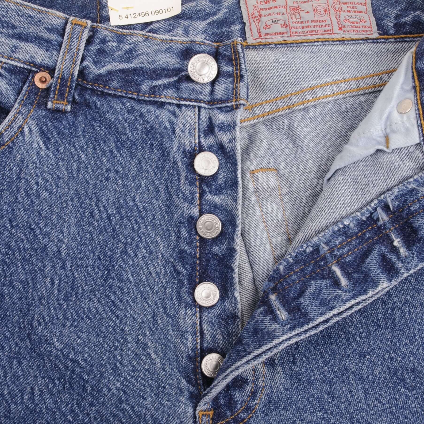 Beautiful Indigo Levis 501 Woman High Waist Also Called 901 Jeans 1980s Made in France with Medium Wash Preshrunk Deadstock With Tags Size on tag 33X34 Actual Size 30X33 Back Button #275