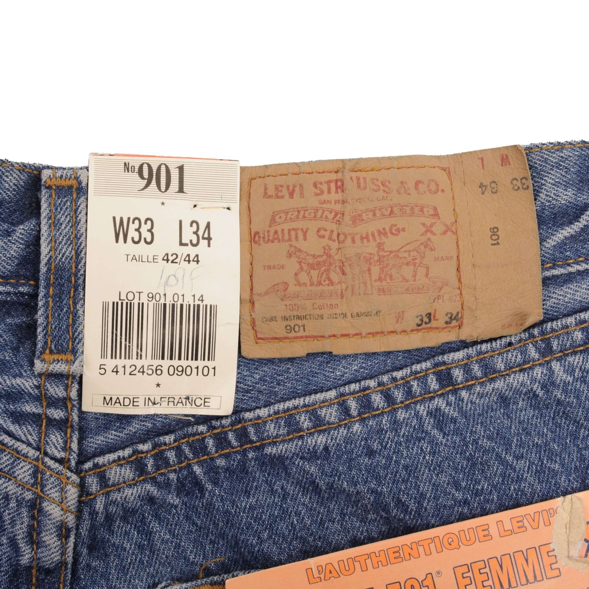 Beautiful Indigo Levis 501 Woman High Waist Also Called 901 Jeans 1980s Made in France with Medium Wash Preshrunk Deadstock With Tags Size on tag 33X34 Actual Size 30X33 Back Button #275