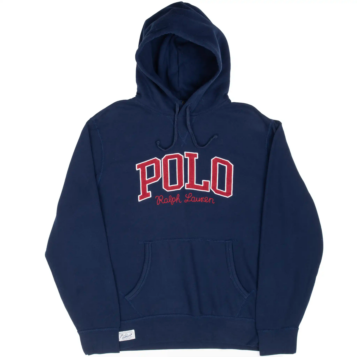 Full front of navy Polo Ralph Lauren hoodie with embroidered chest logo and pouch pocket