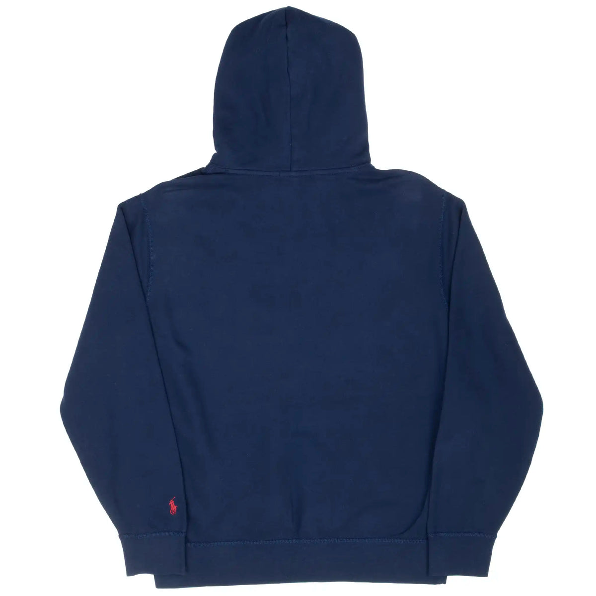 Back of navy Polo Ralph Lauren hoodie with small red pony embroidery near the hem