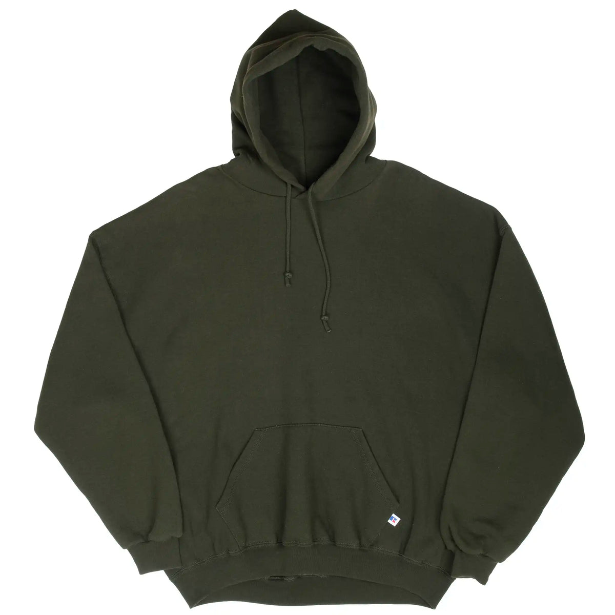 Front view of khaki green Russell Athletic blank hoodie with ribbed cuffs and hem
