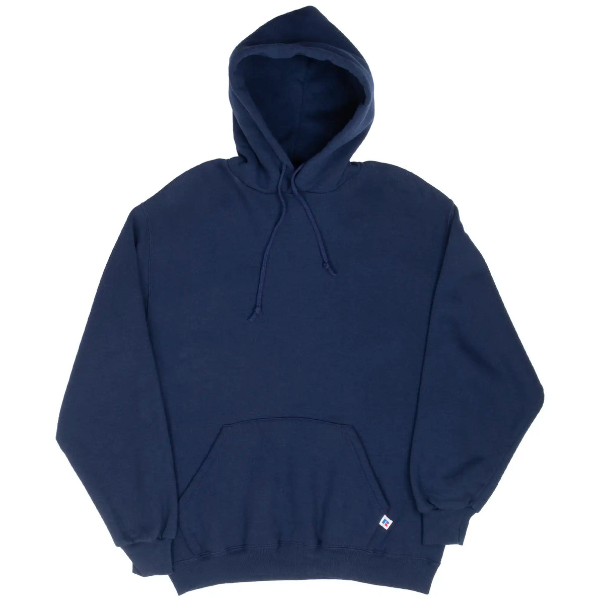 Front view of navy blue Russell Athletic blank hoodie with drawstring hood