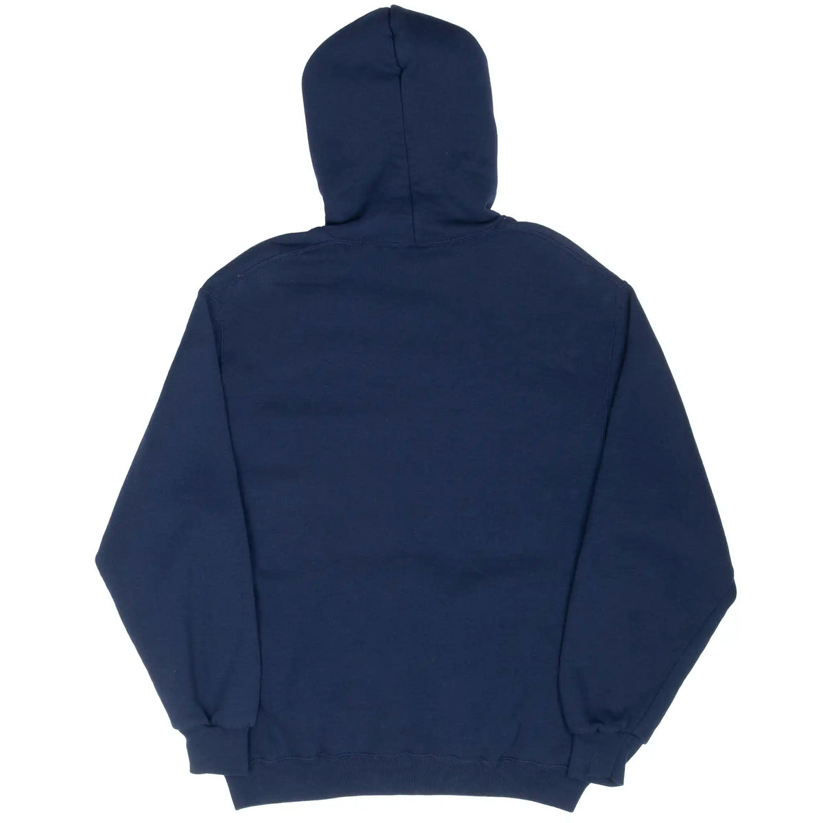Back of navy blue Russell Athletic blank pullover hoodie