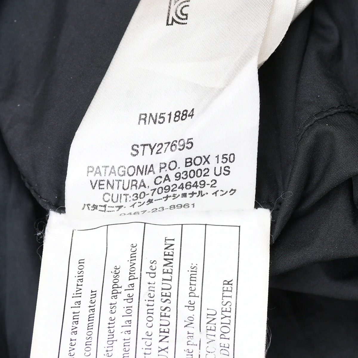 Patagonia care label showing Radalie parka style STY27695