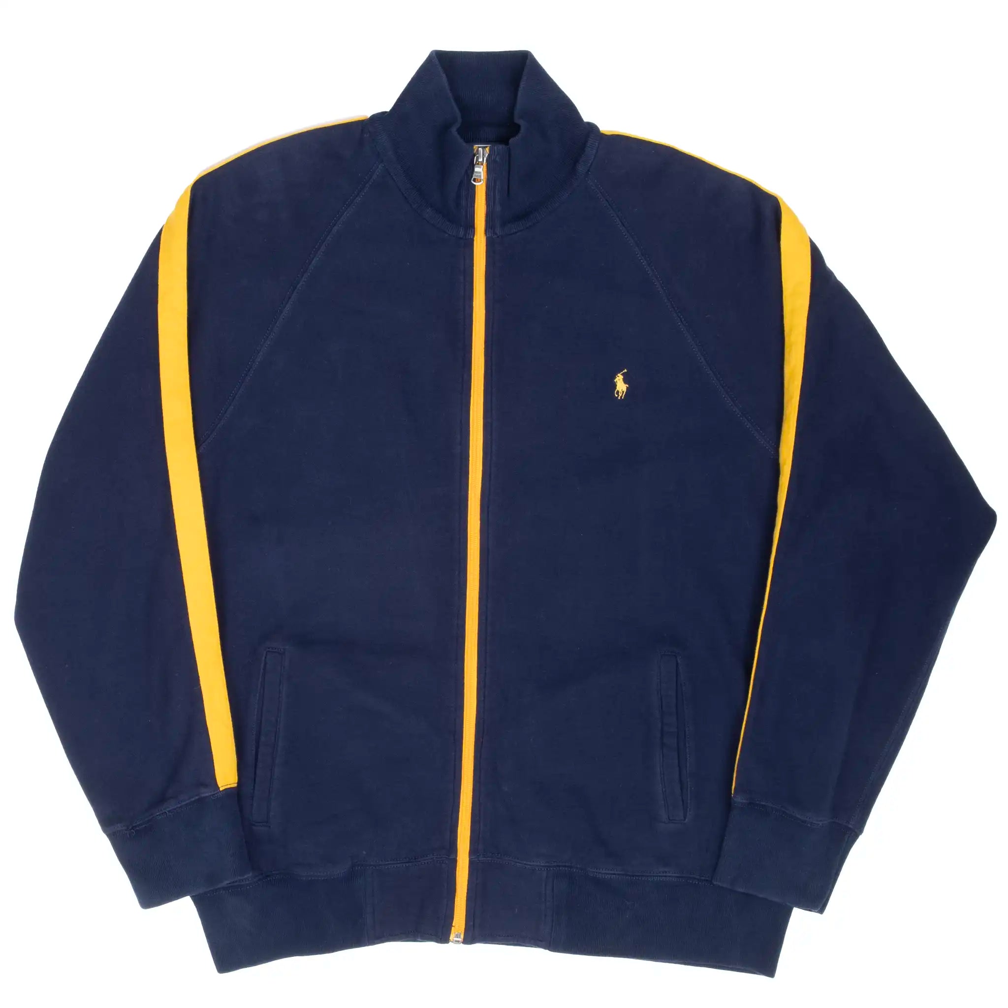 Full front view of navy Polo Ralph Lauren zip-up jacket with yellow trim and side pockets