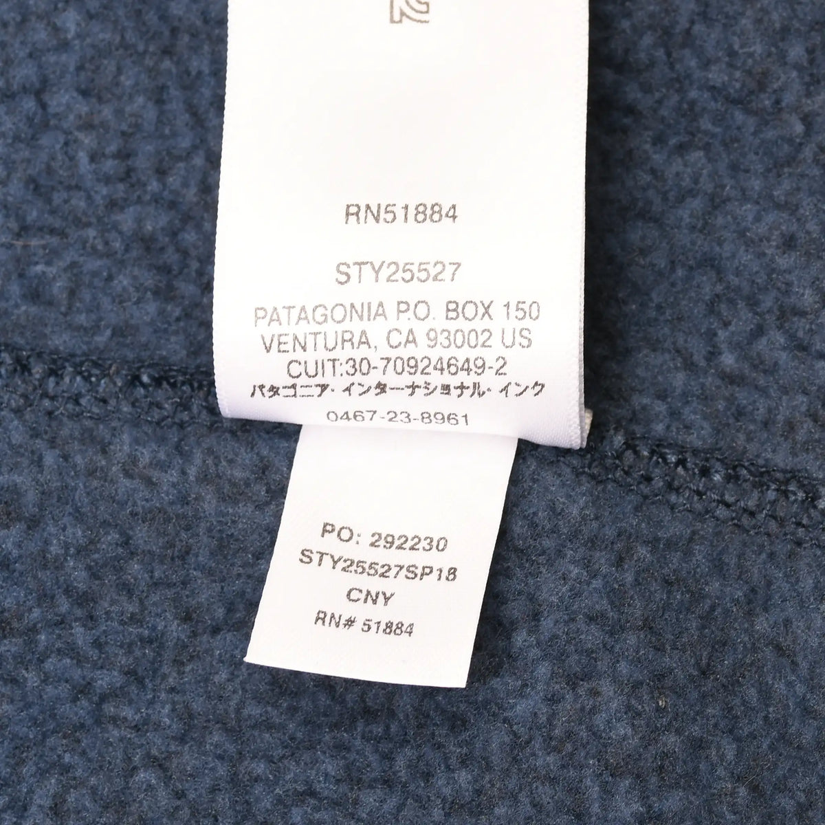 Interior Patagonia care labels showing style STY25527 and SP18 season code