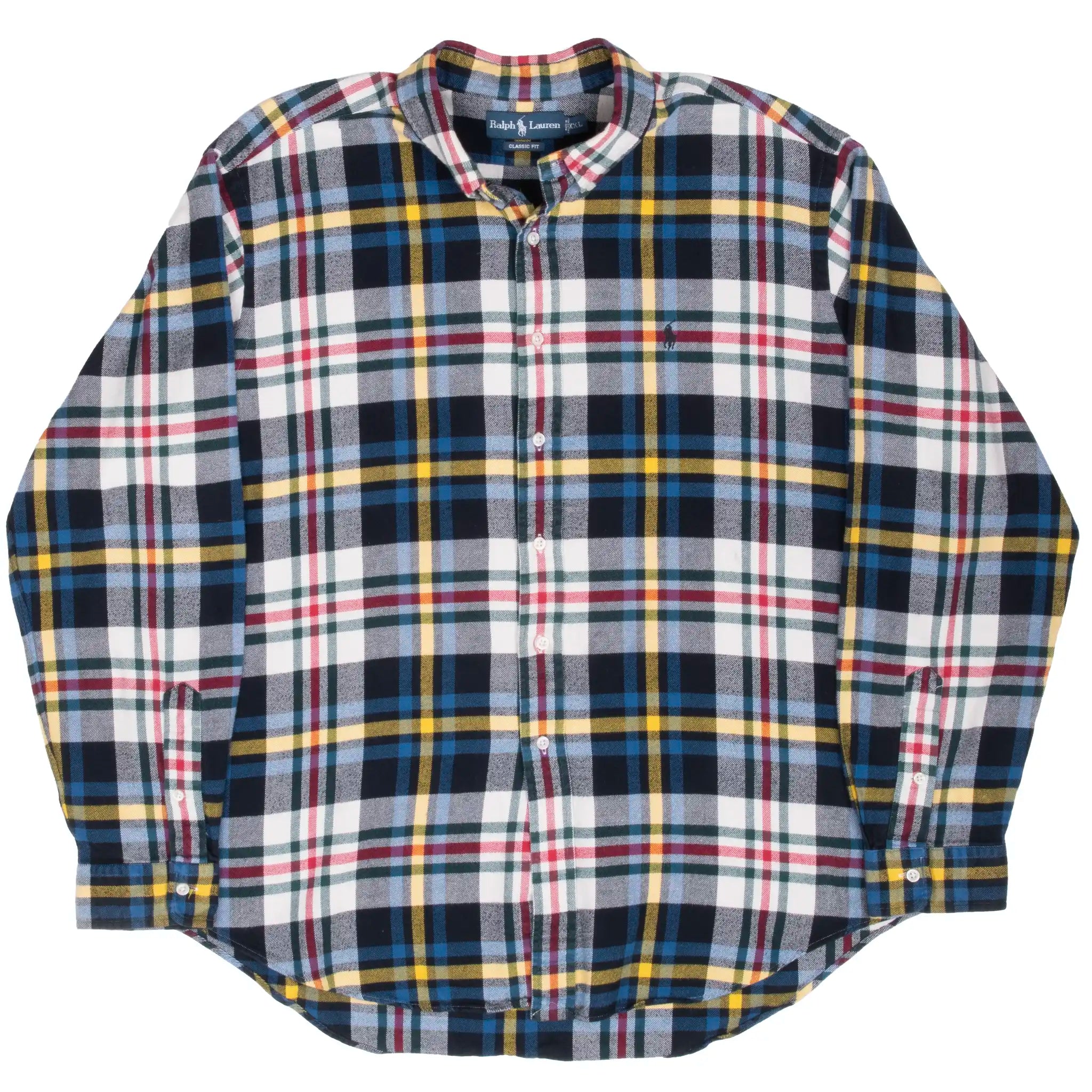 Full front view of Ralph Lauren multicolor plaid flannel shirt