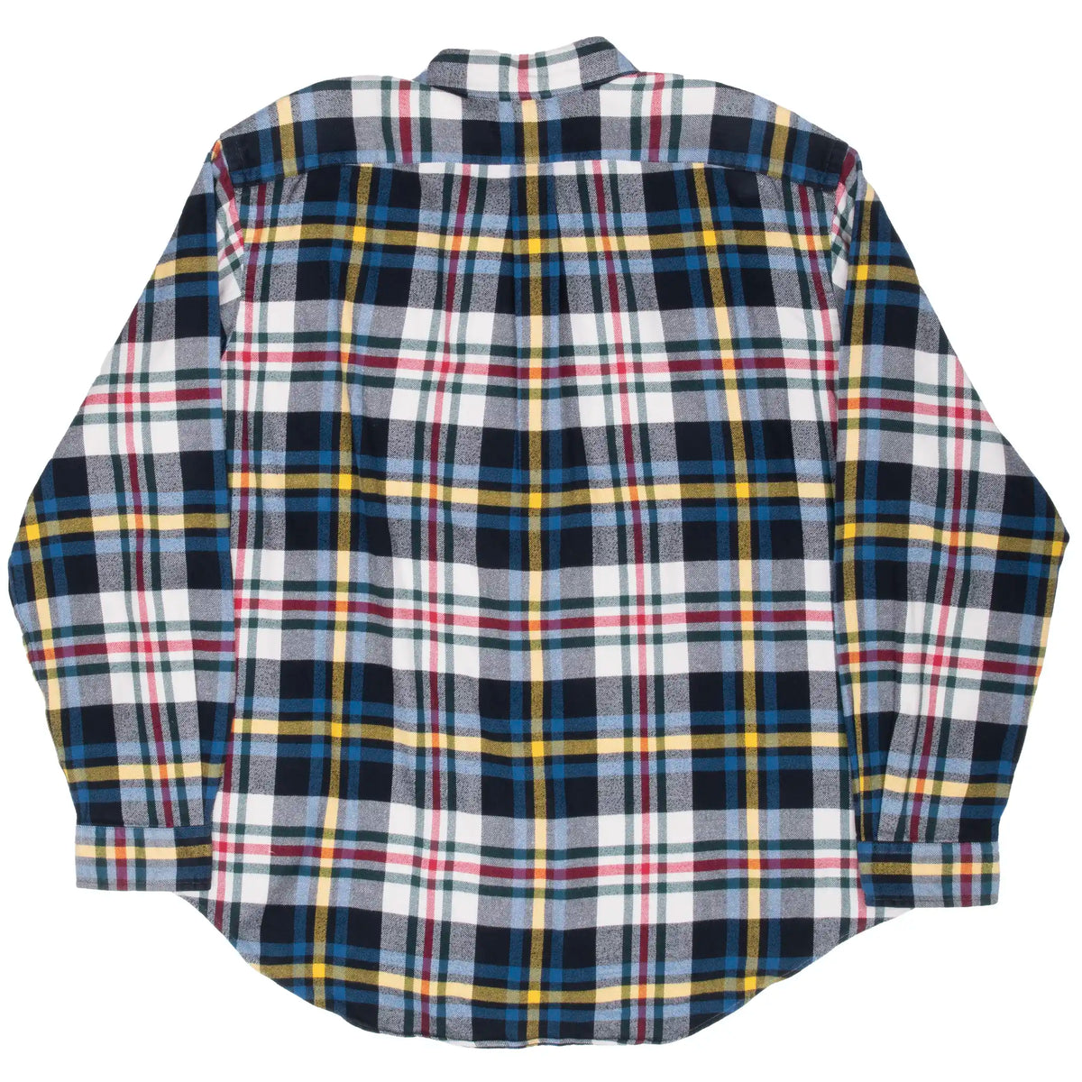 Back of Ralph Lauren flannel shirt in navy, white, red, yellow and green plaid