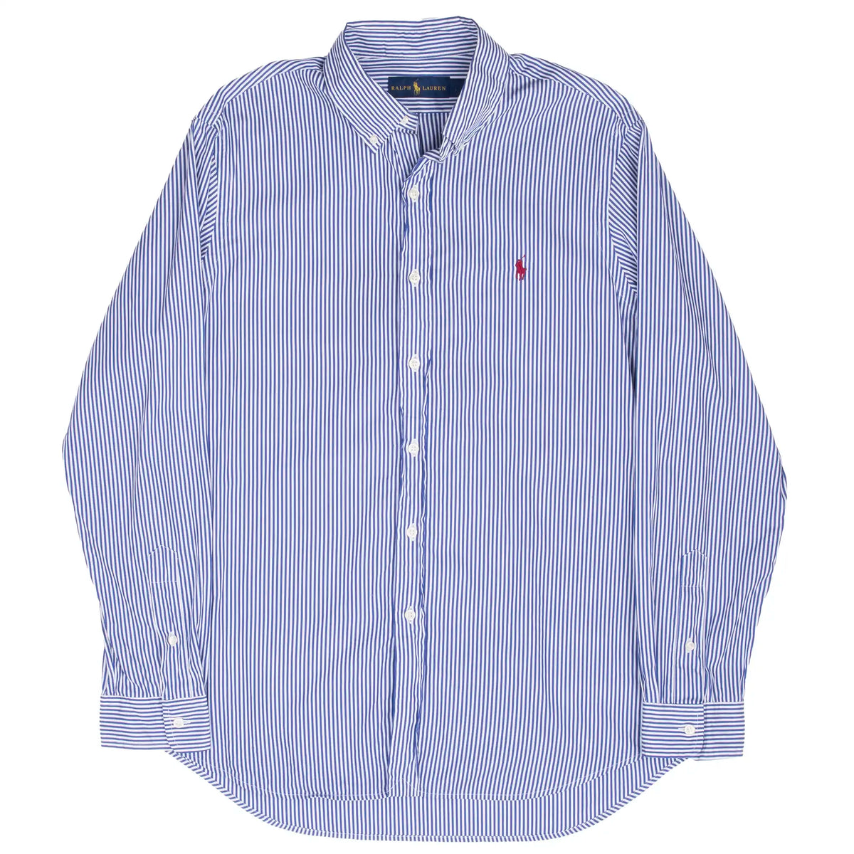 Full front view of Ralph Lauren blue striped long-sleeve button-down shirt
