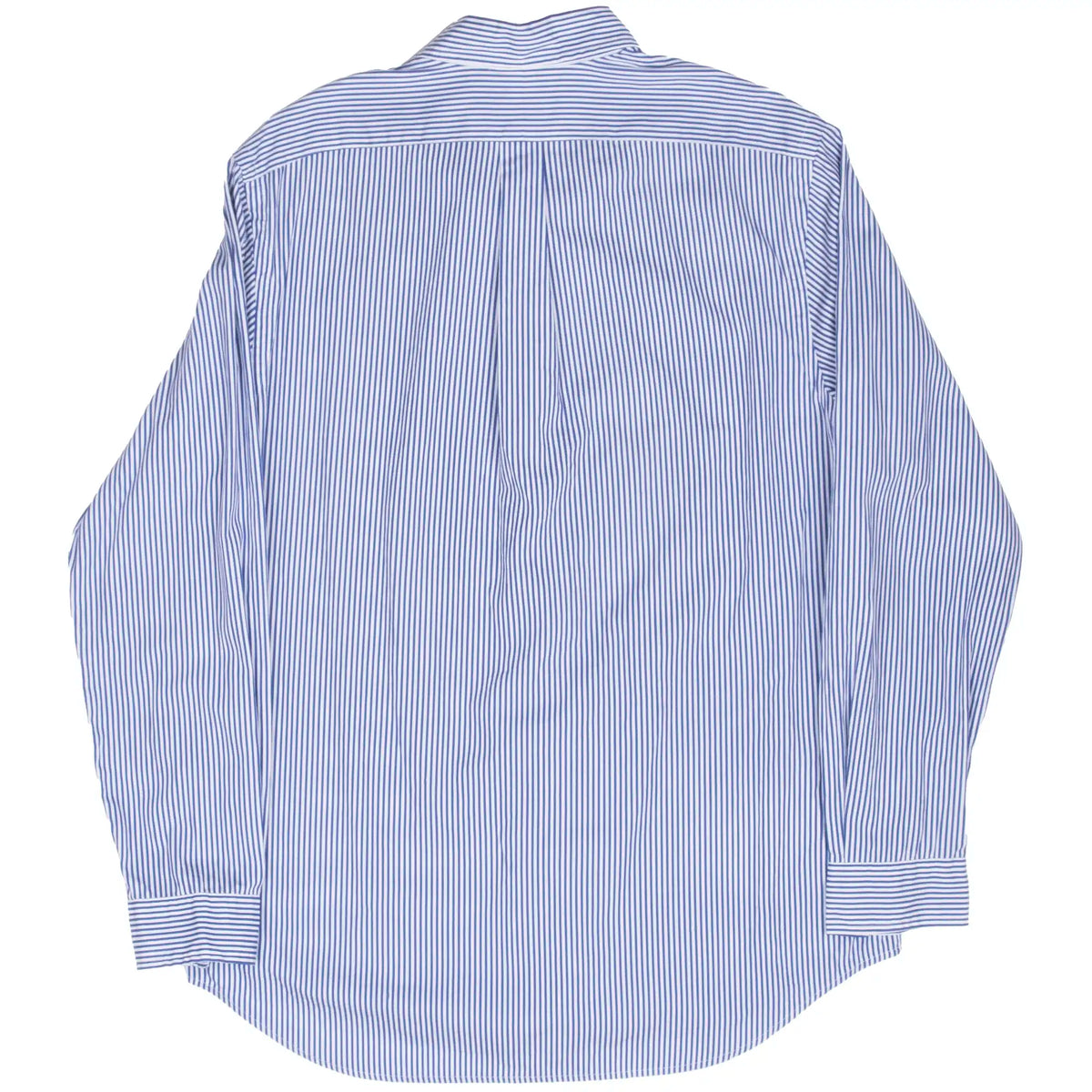 Back of Ralph Lauren blue striped long-sleeve shirt with center box pleat