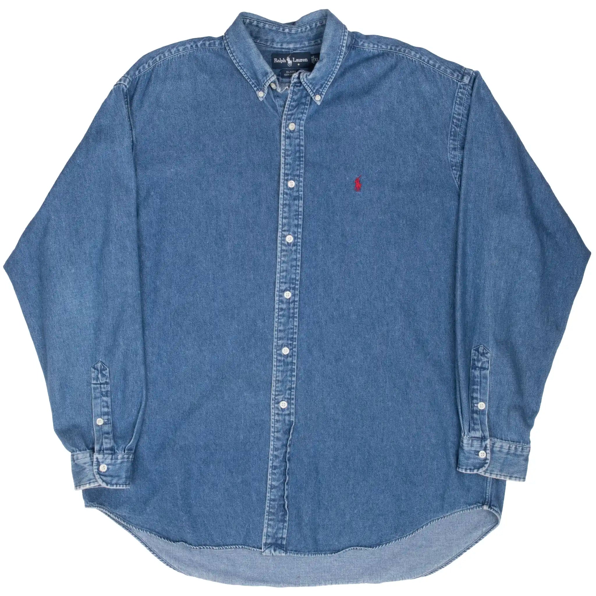 Front view of Ralph Lauren blue denim long-sleeve button-down shirt