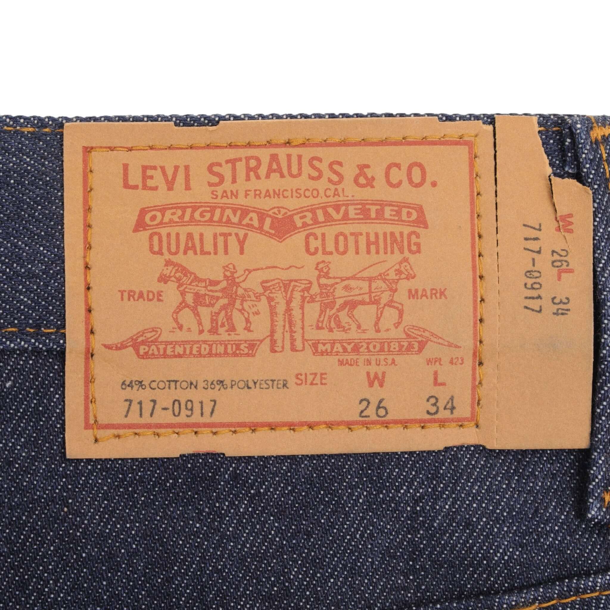Vintage Levis 717 Saddleman Boot Cut Dura Plus Jeans 1977 Size 26X34 Made In Usa Deadstock With a Very Dark Wash Size On Tag 26X34 Back Button #553 Talon 42 Zipper