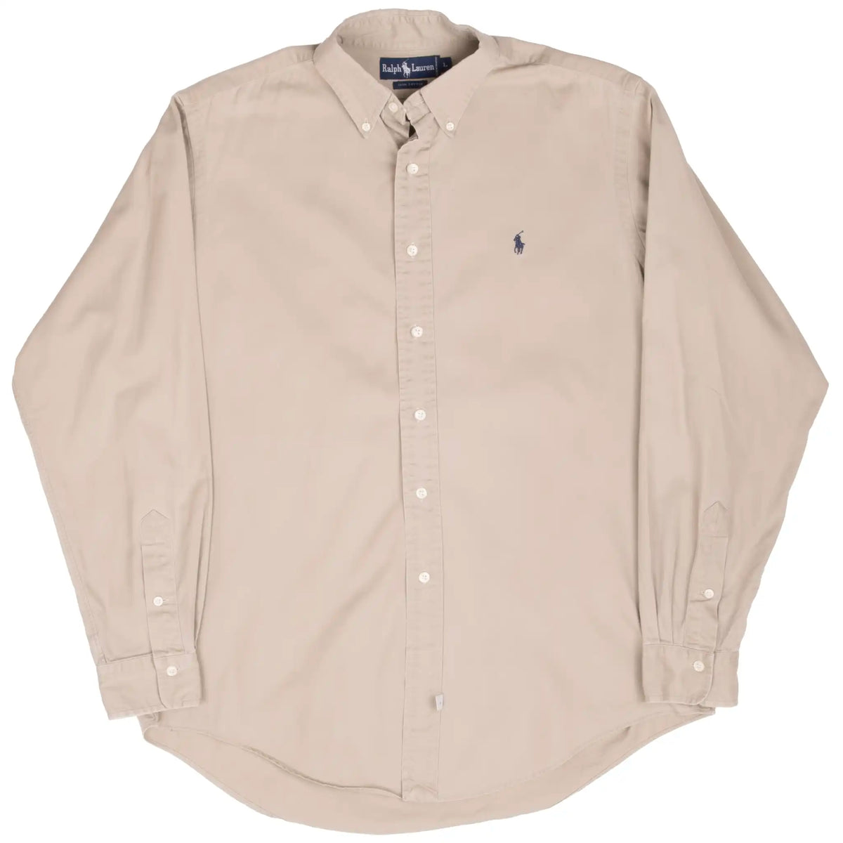 Full front view of beige Ralph Lauren button-down shirt with curved hem
