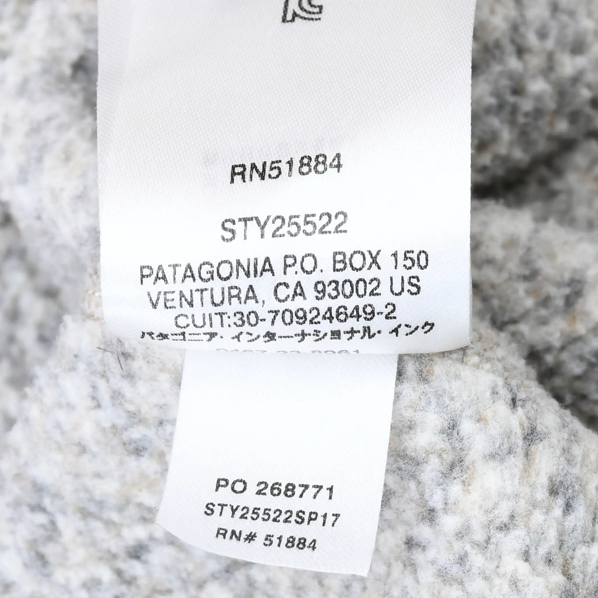 Close-up of interior Patagonia tags showing style number STY25522