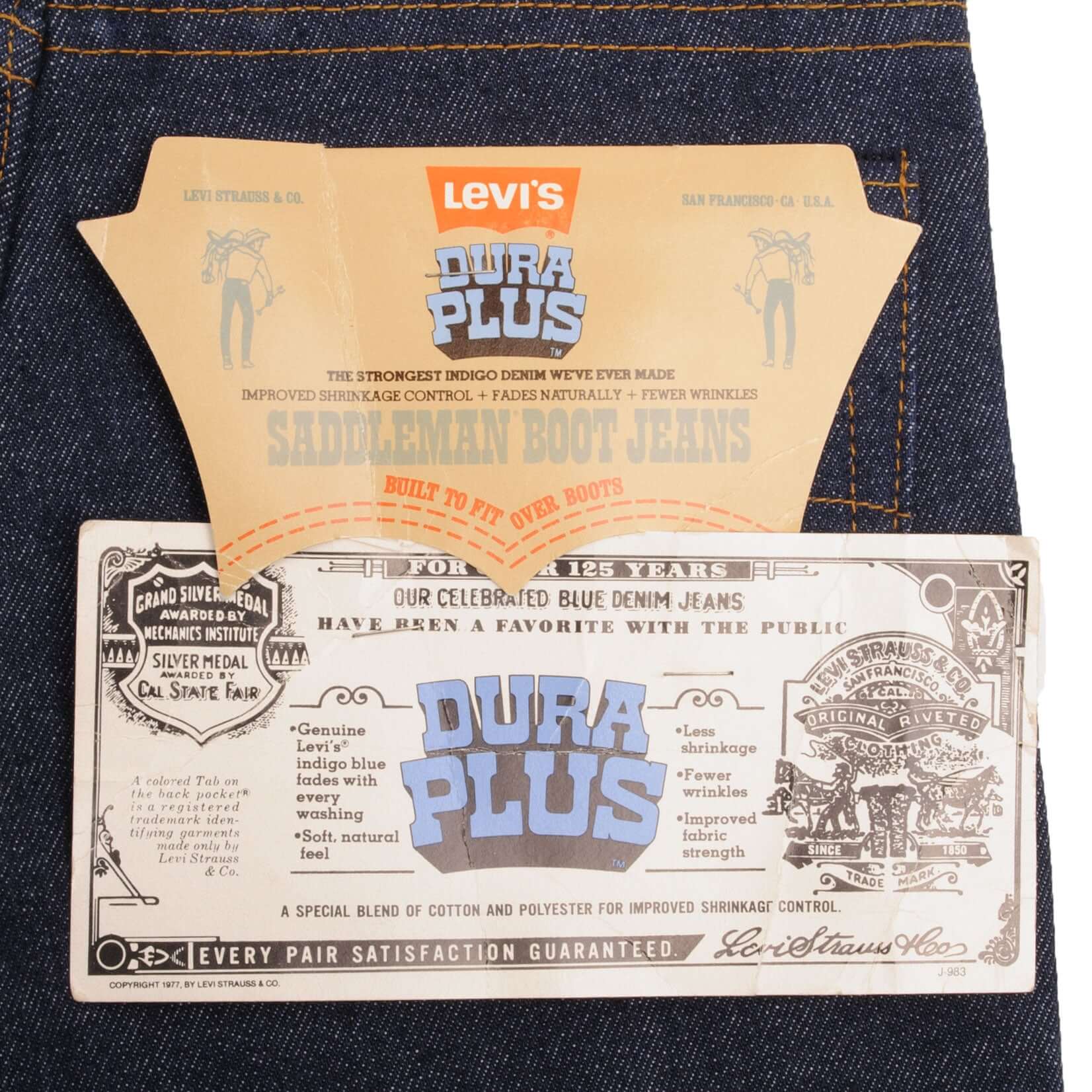 Vintage Levis 717 Saddleman Boot Cut Dura Plus Jeans 1977 Size 26X34 Made In Usa Deadstock With a Very Dark Wash Size On Tag 26X34 Back Button #553 Talon 42 Zipper