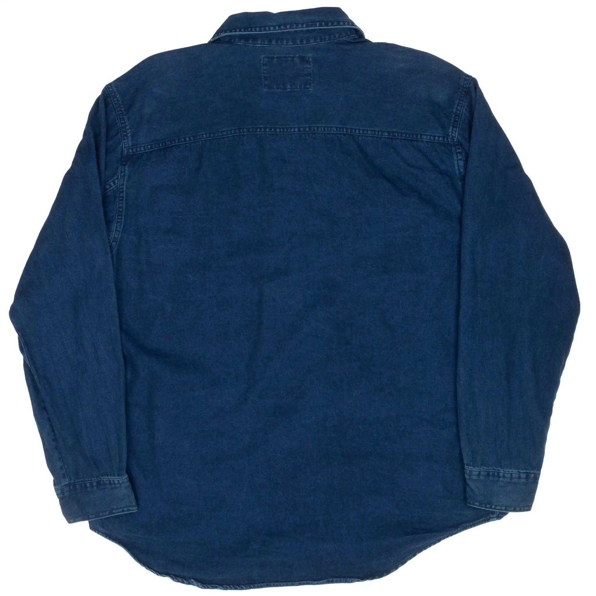 Back of Levi's blue denim long-sleeve shirt with shoulder yoke