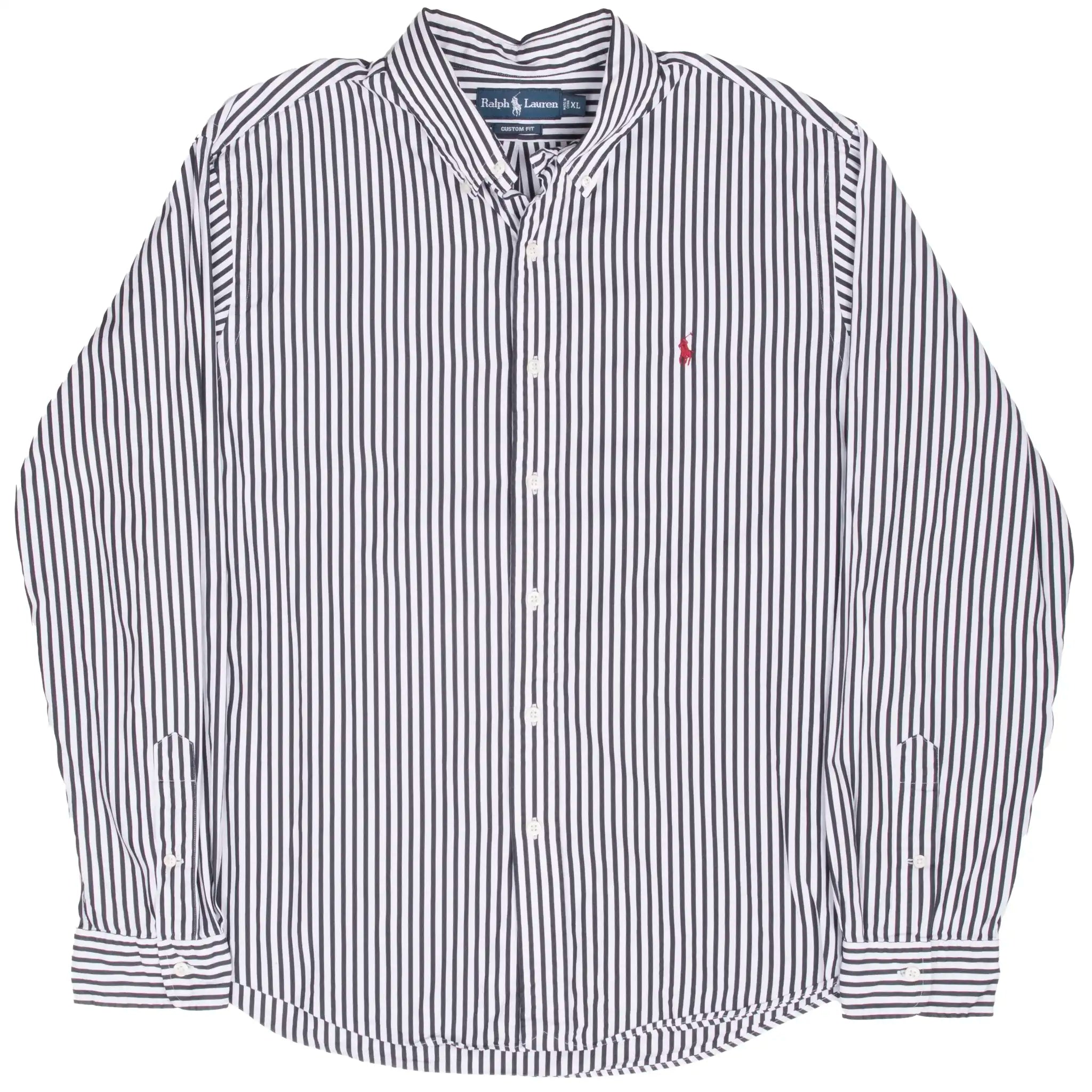 Full front view of Ralph Lauren black and white striped long-sleeve shirt