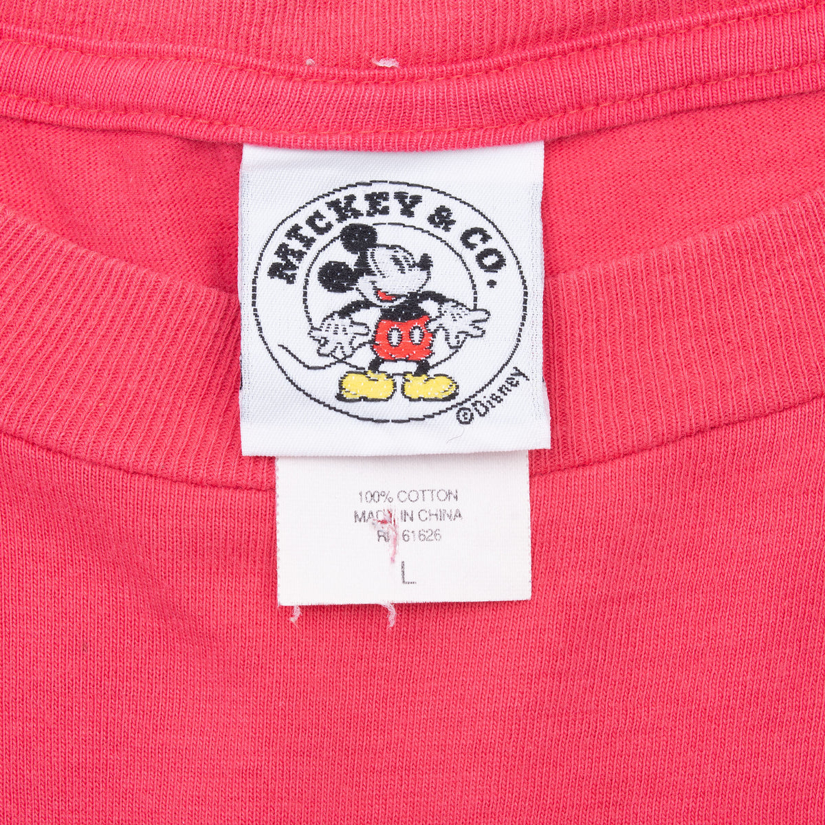 Mickey & Co. Disney neck label on red T-shirt, marked size L