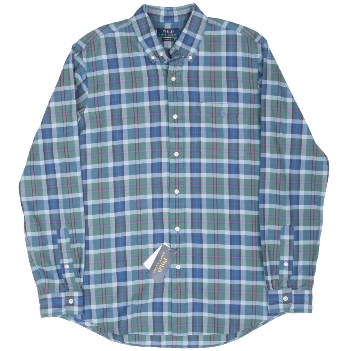 Full front view of Polo Ralph Lauren blue and green plaid long-sleeve shirt