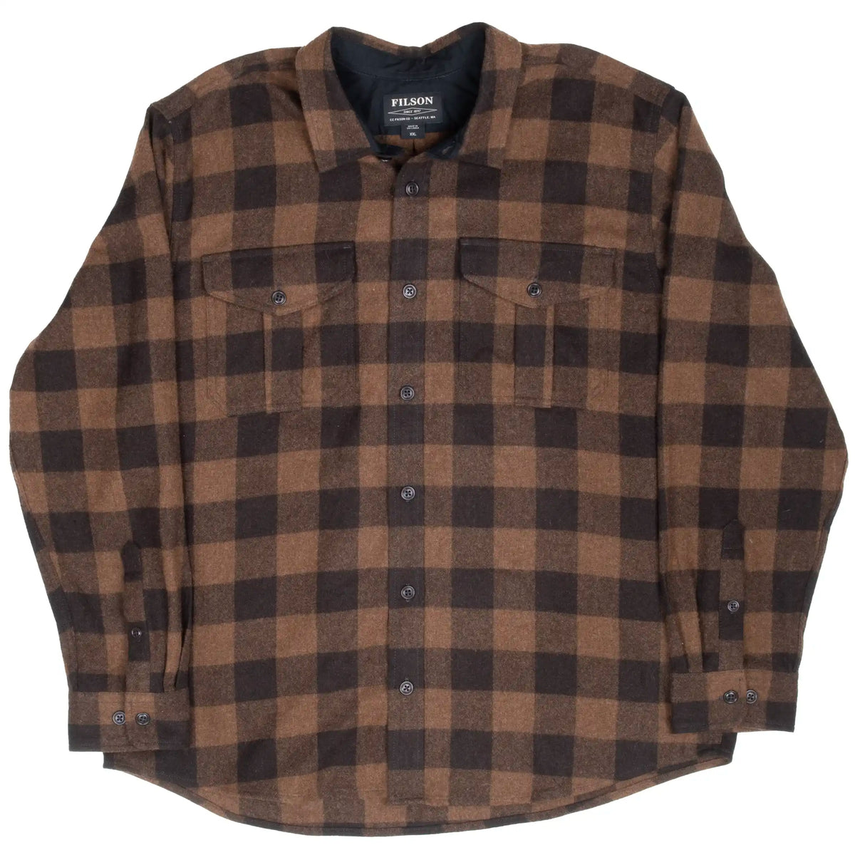 Full front view of Filson brown and black plaid flannel shirt