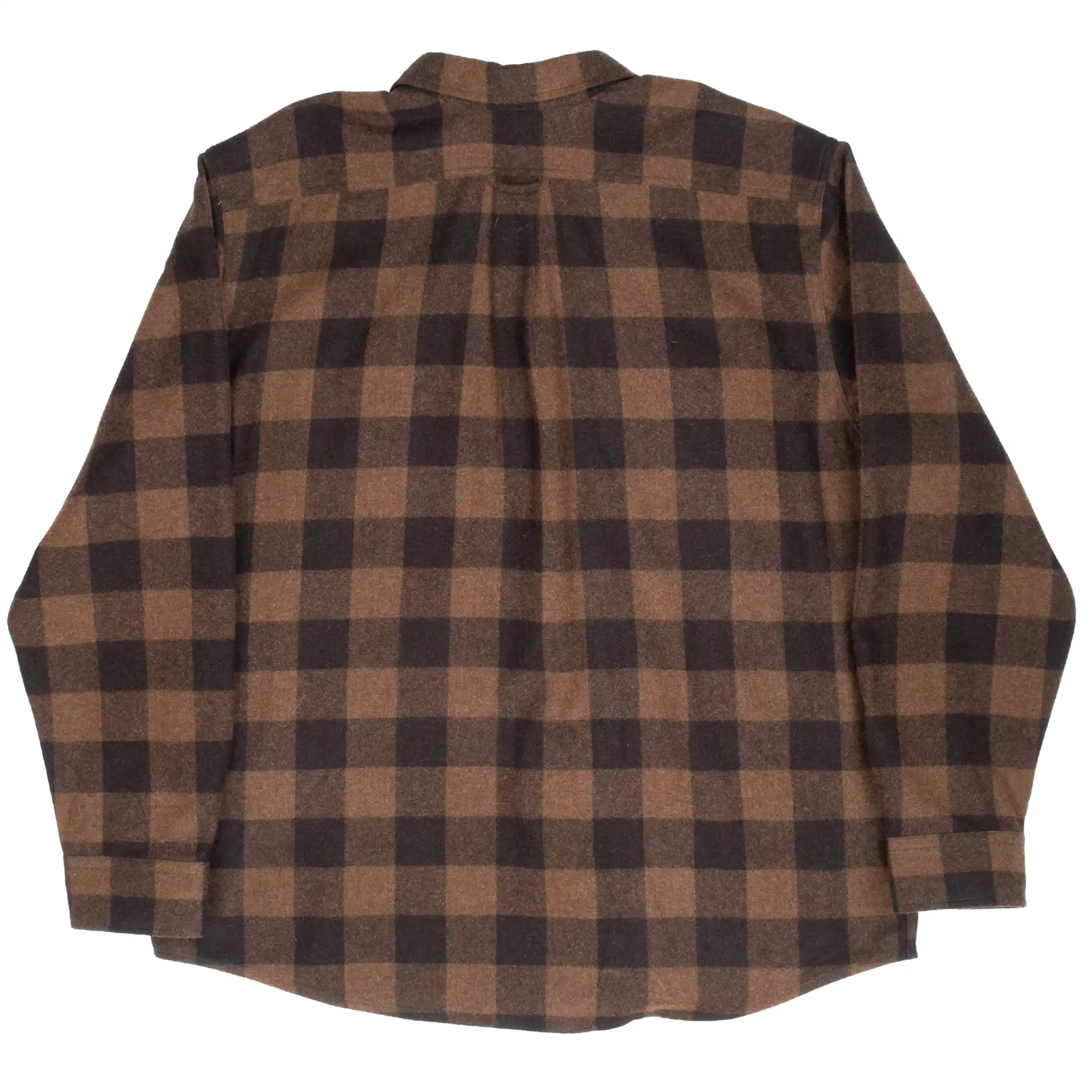 Back of Filson brown and black plaid flannel shirt
