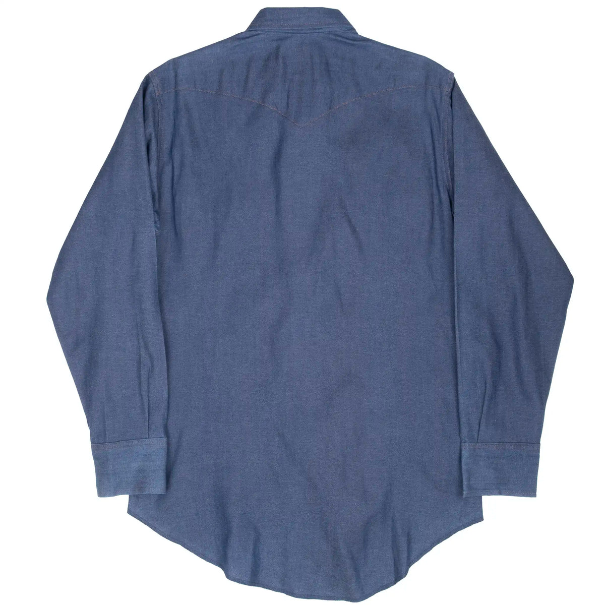 Back of blue Wrangler denim shirt with pointed western yoke