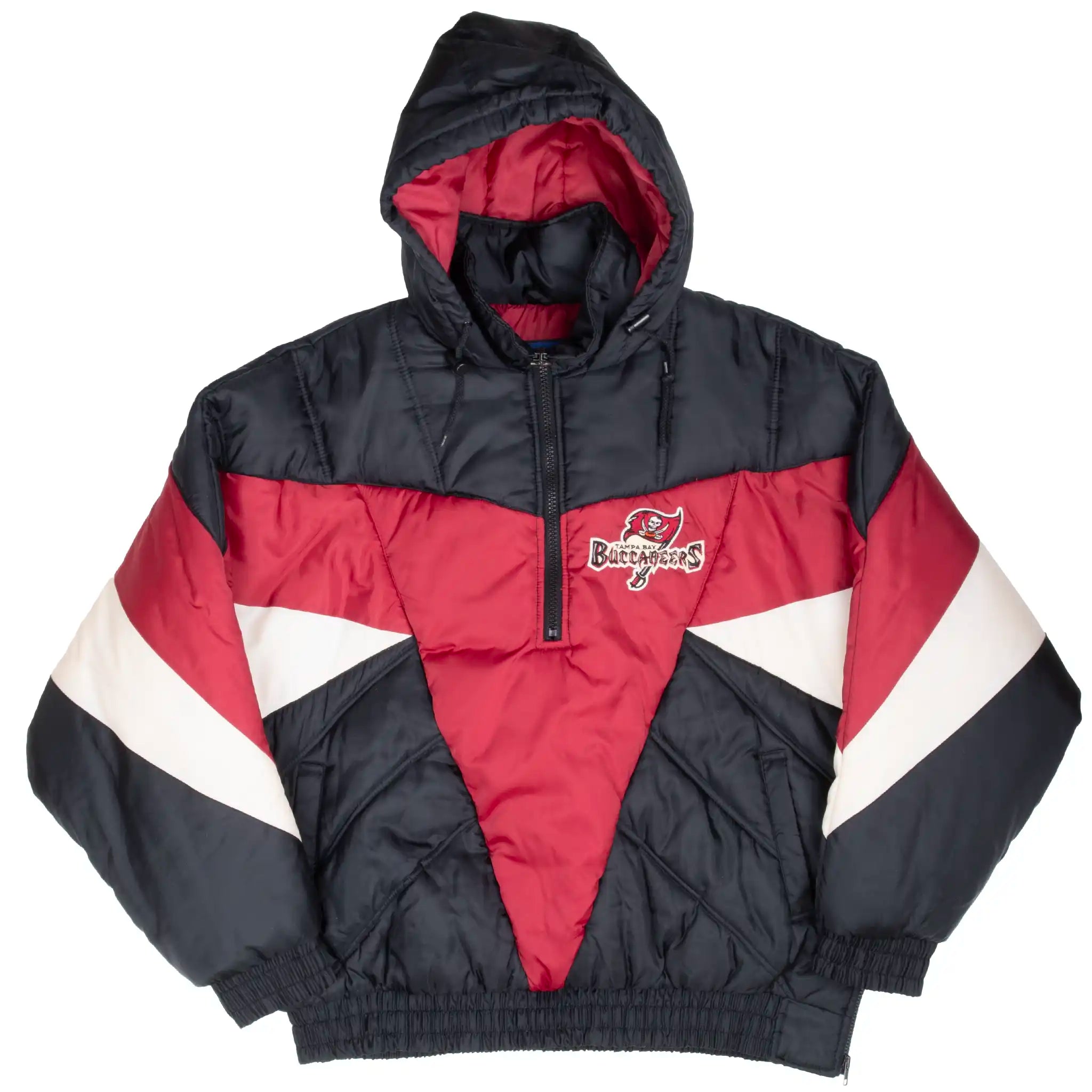 Front of Tampa Bay Buccaneers hooded pullover jacket with half-zip and embroidered chest logo
