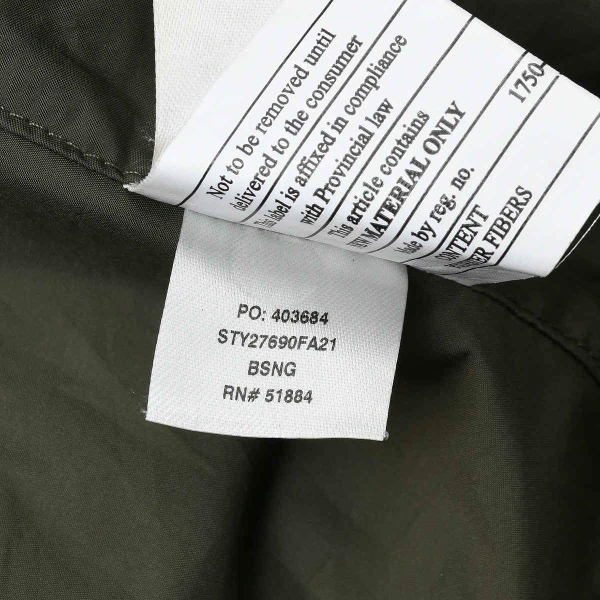 Interior care and style tags showing style STY27690FA21