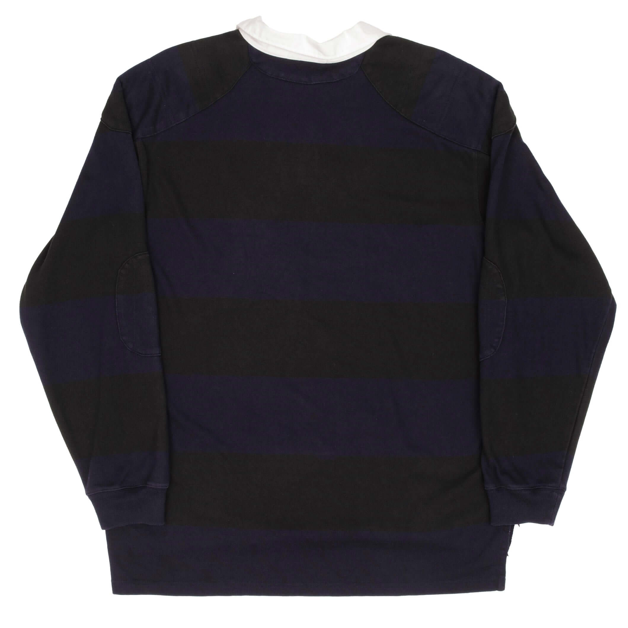 VINTAGE POLO RALPH LAUREN BLACK & BLUE STRIPE RUGBY POLO SHIRT 1990S SIZE LARGE