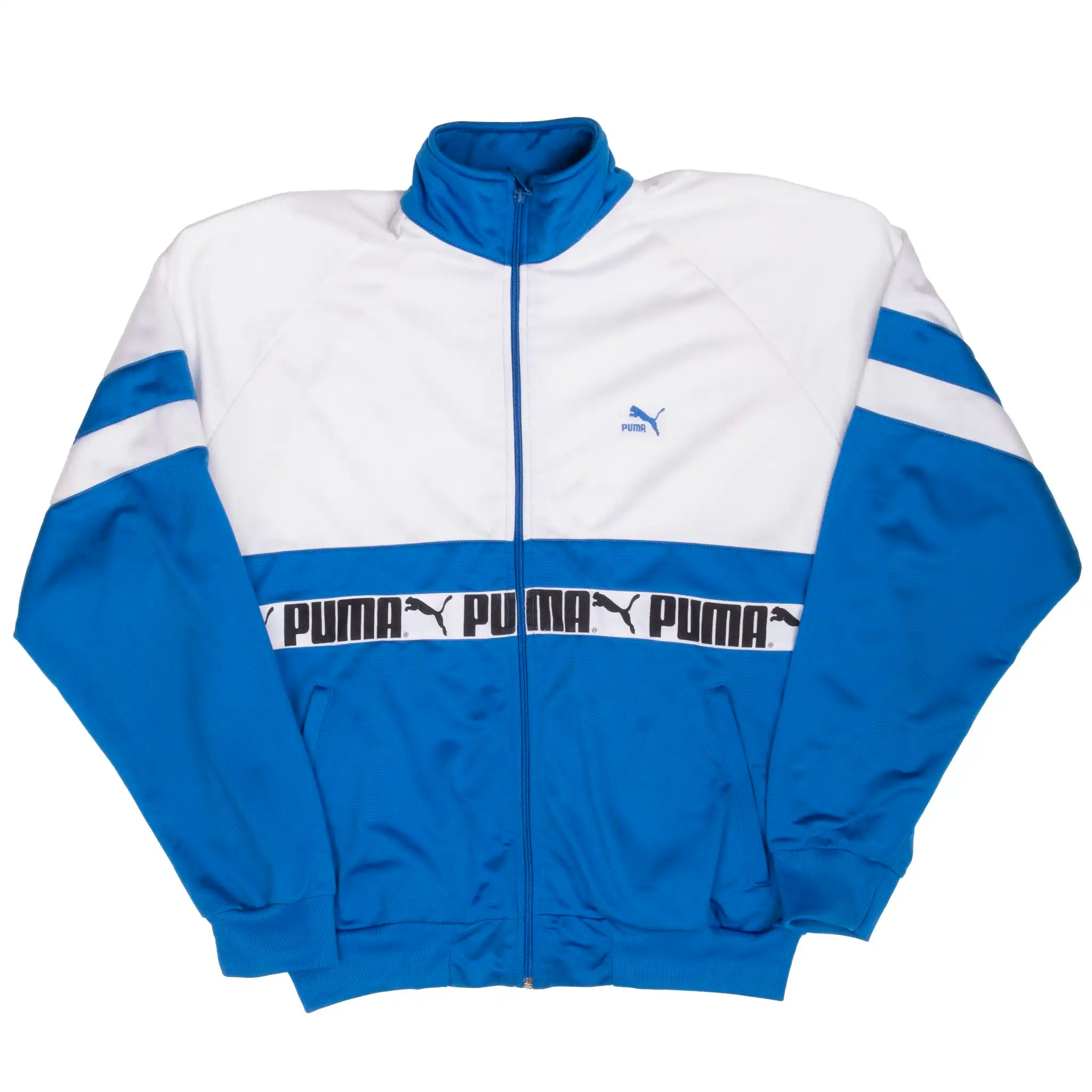 VINTAGE PUMA TRACK WHITE & BLUE JACKET 1980S LARGE