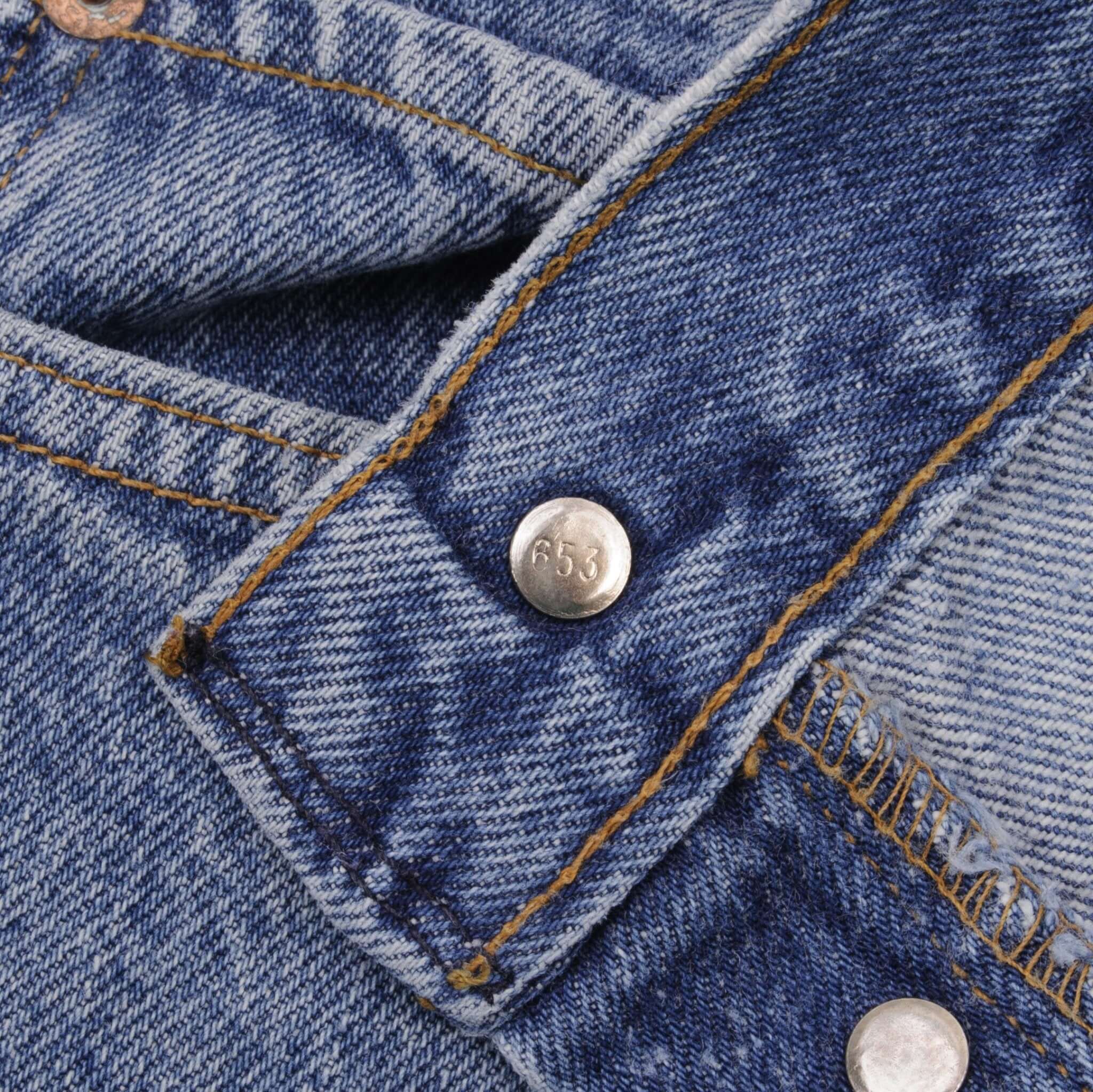 Beautiful Indigo Levis 501 Jeans 1980s Made in USA with Medium Light Wash. Size on tag 35X32 Actual Size 34X31 Back Button #653