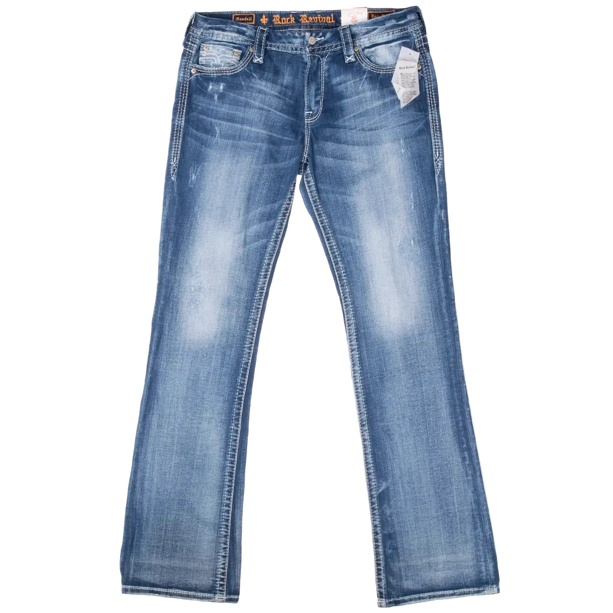 Front of Rock Revival blue denim bootcut jeans with faded wash and contrast stitching