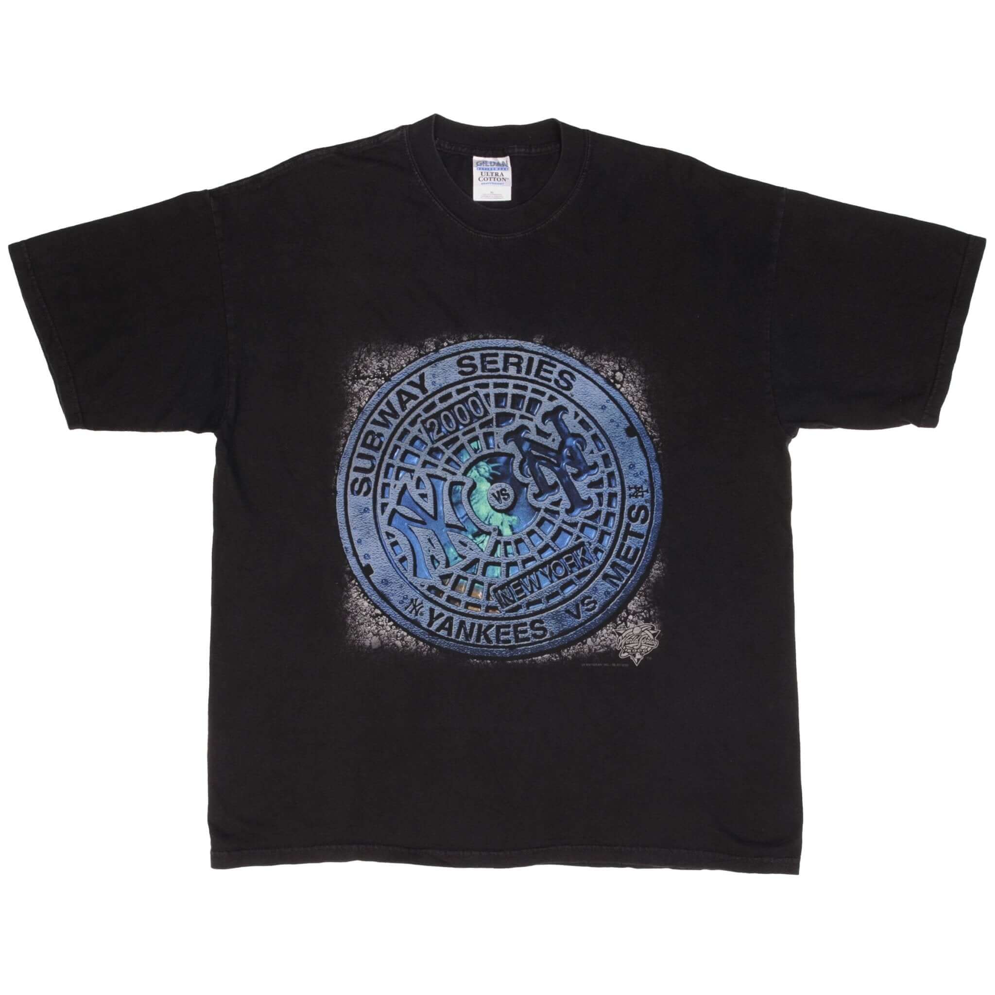 Full front view of black Yankees vs. Mets 2000 Subway Series T-shirt