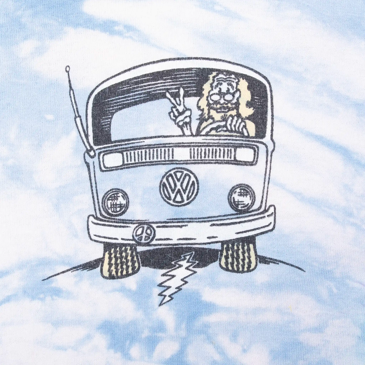 Close-up of front Volkswagen bus graphic with skeleton driver and lightning bolt