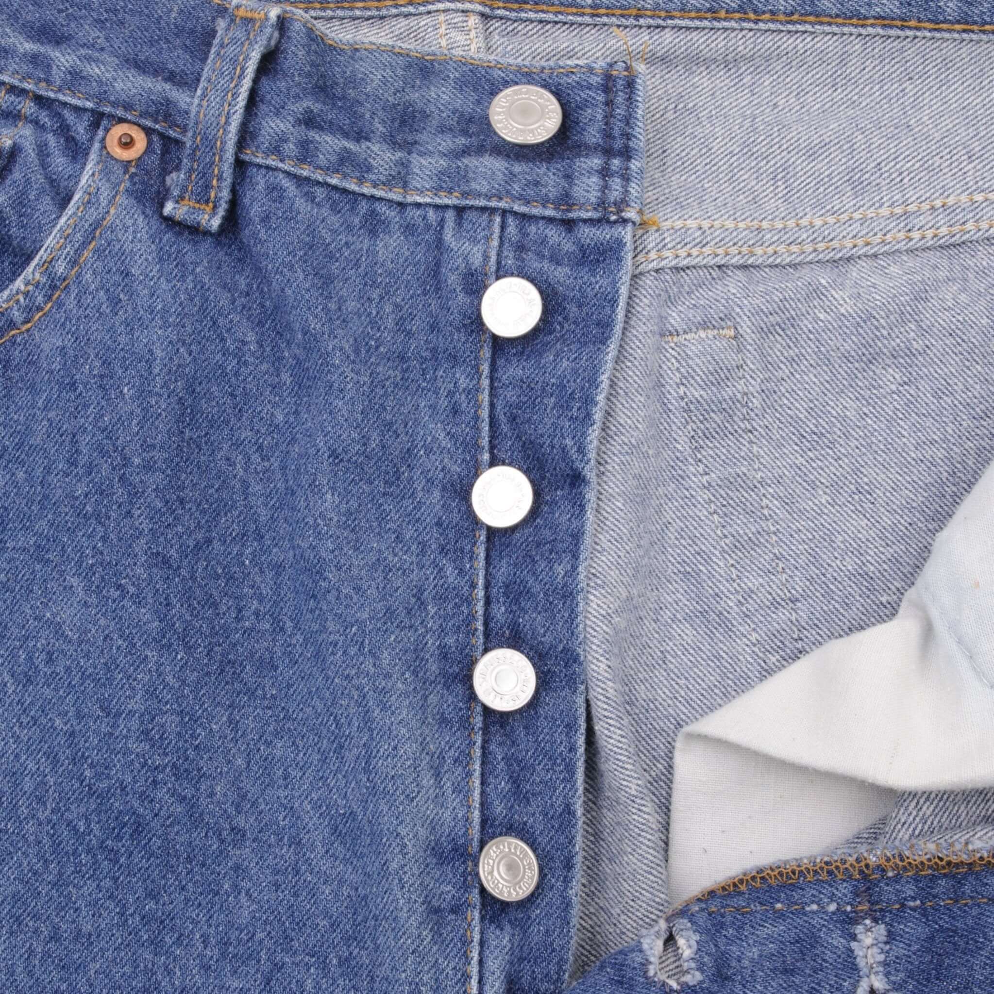 Beautiful Indigo Levis 501 Jeans 1980s Made in USA with Medium Light Wash. Size on tag 35X32 Actual Size 34X30 Back Button #552