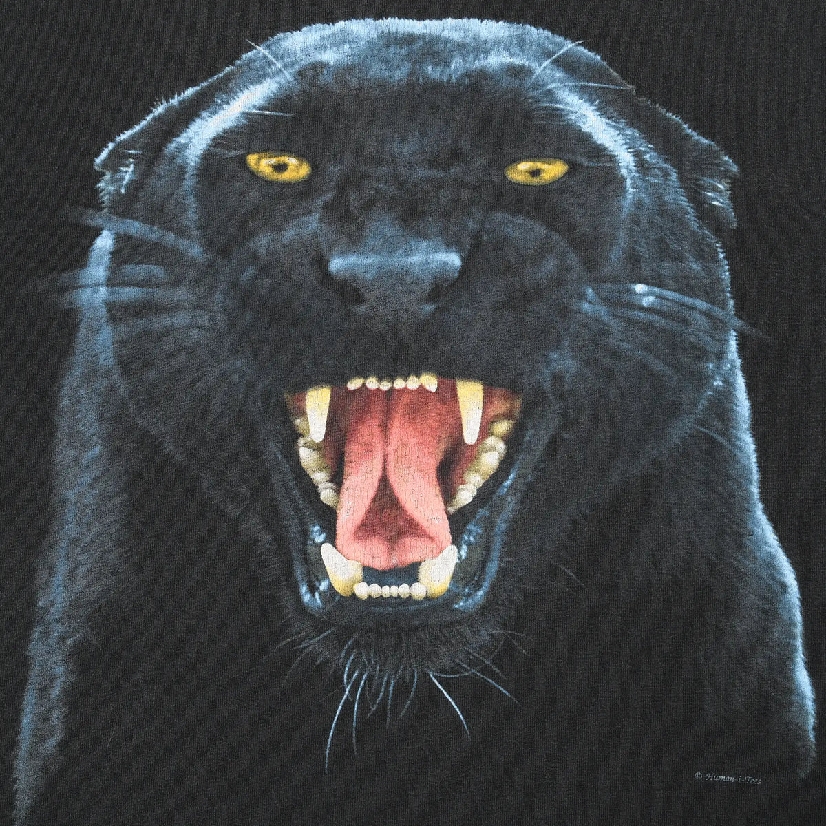 Close-up of snarling black panther print with yellow eyes and exposed fangs
