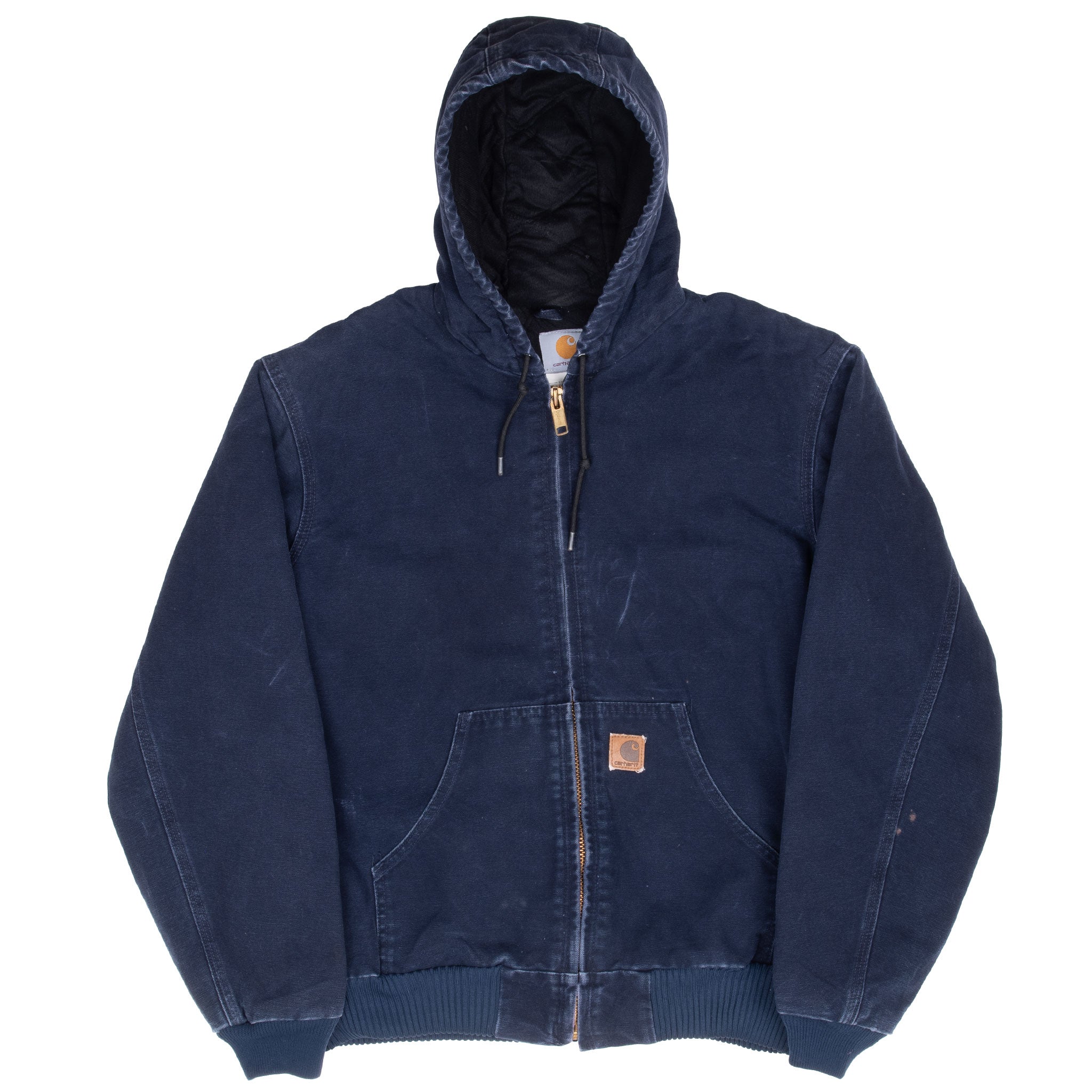 Vintage Carhartt Navy Blue Hooded Active Jacket J130MDT 1990S Size Medium