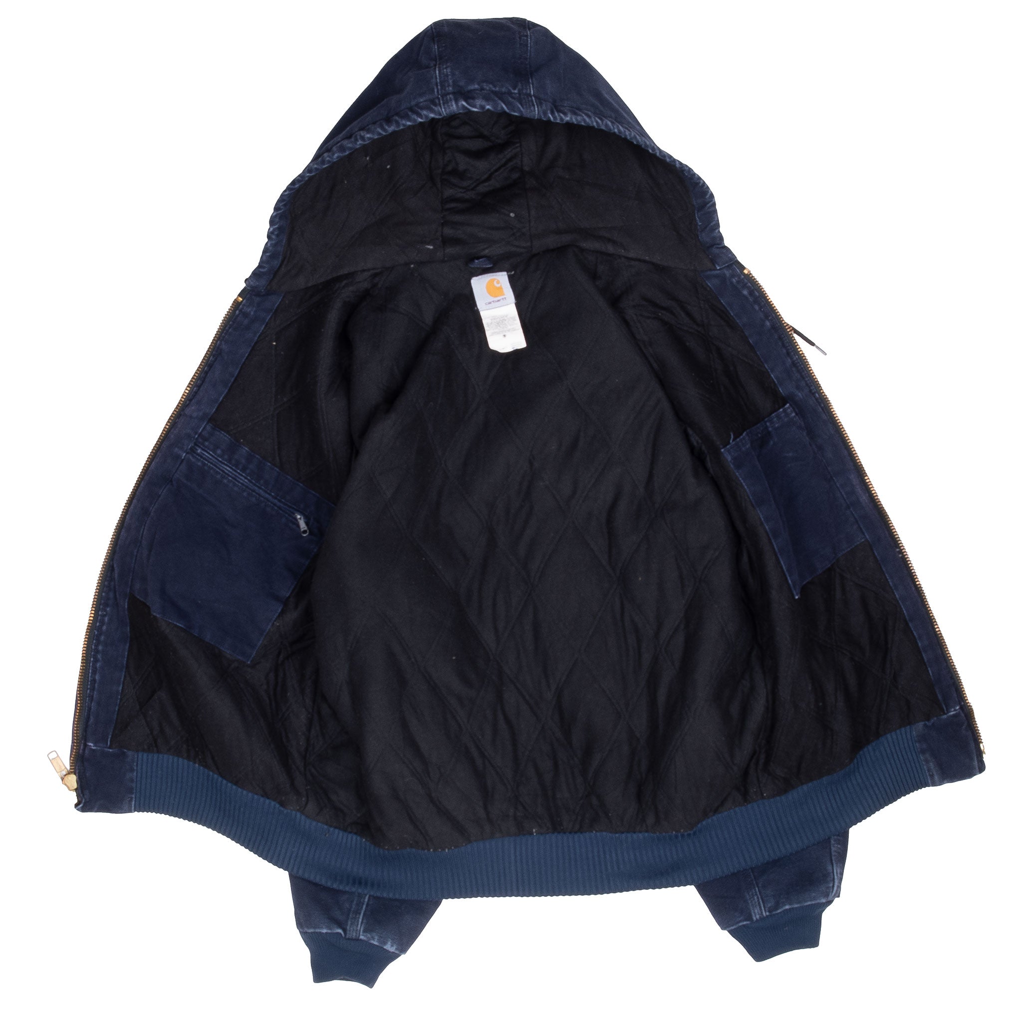 Vintage Carhartt Navy Blue Hooded Active Jacket J130MDT 1990S Size Medium