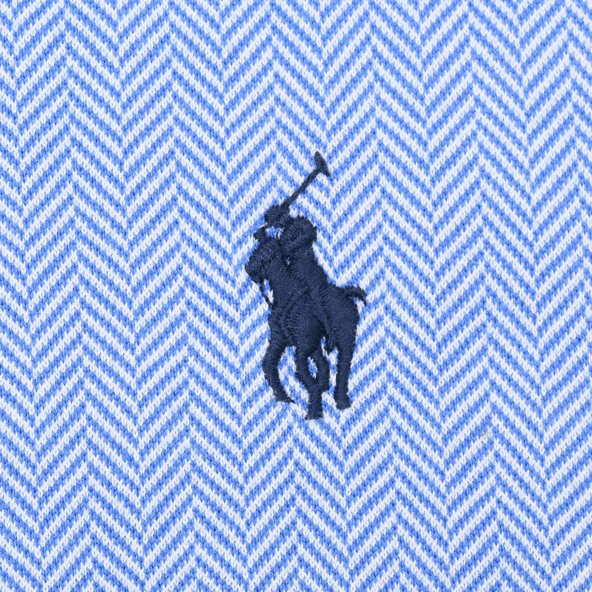 Navy Polo Ralph Lauren pony embroidery on light blue patterned fabric