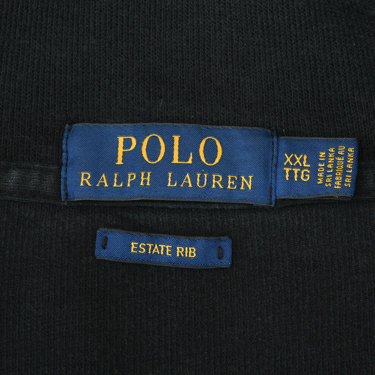 Polo Ralph Lauren XXL neck label and Estate Rib tag inside black sweater