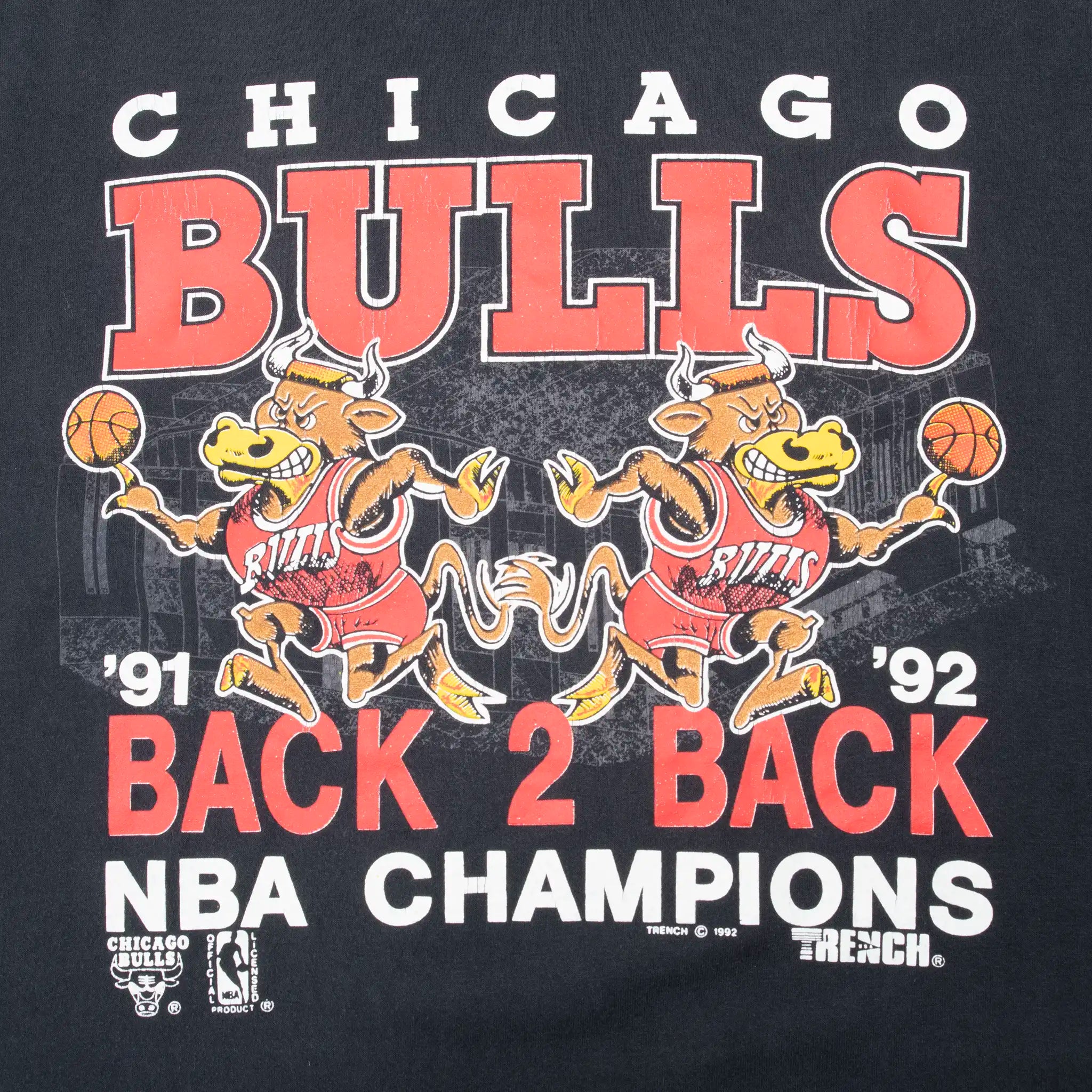 Chicago Bulls 1991–92 back-to-back NBA champions front graphic with cartoon bulls