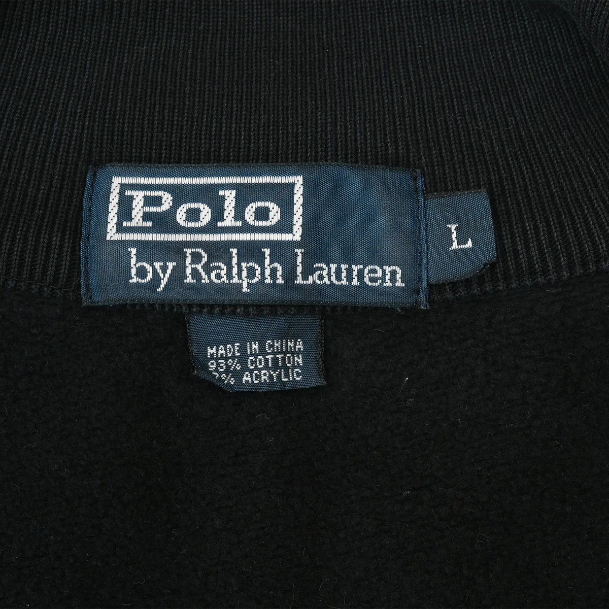 Polo by Ralph Lauren neck label and size L tag inside black sweatshirt