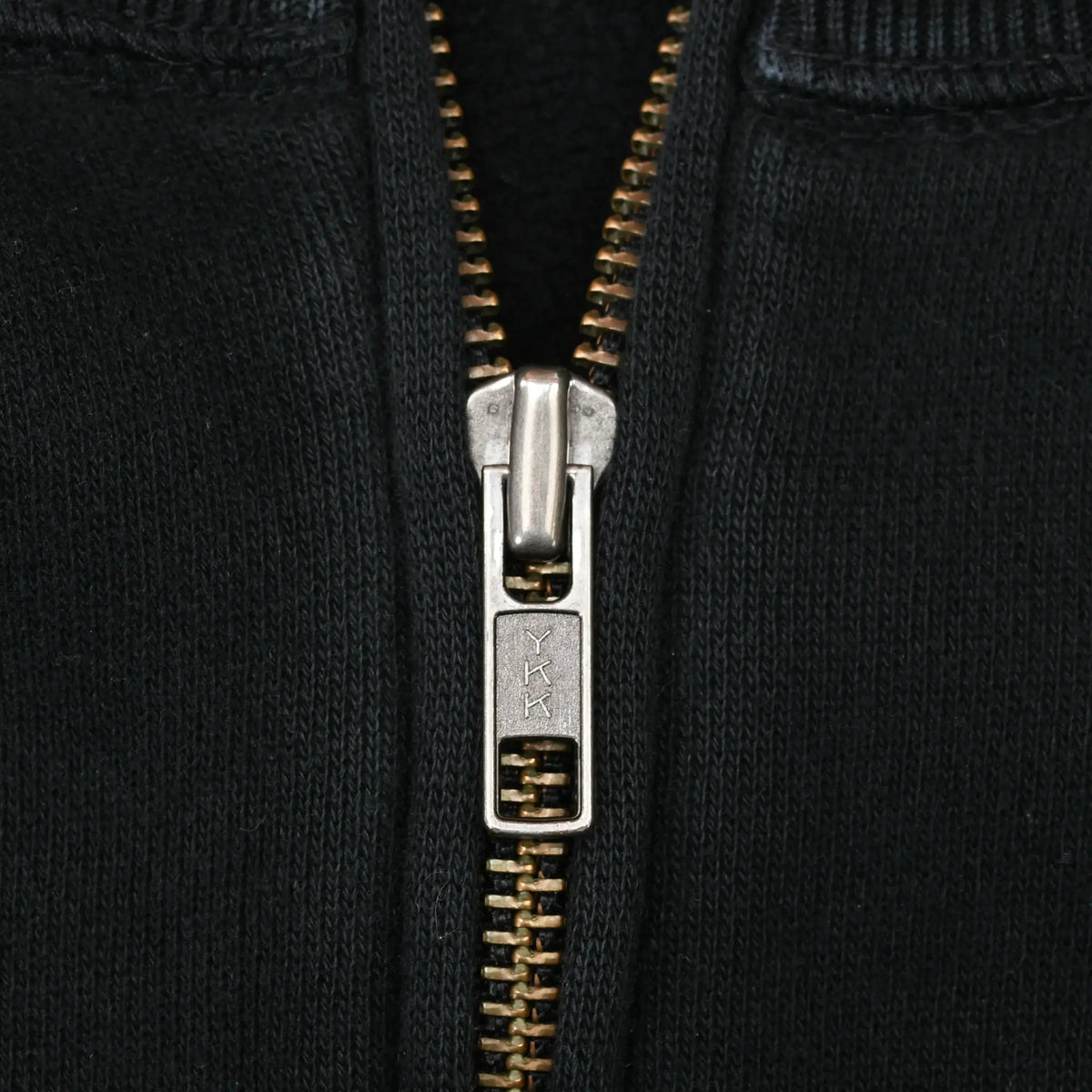 Close-up of YKK metal quarter-zip closure on black Polo Ralph Lauren sweatshirt