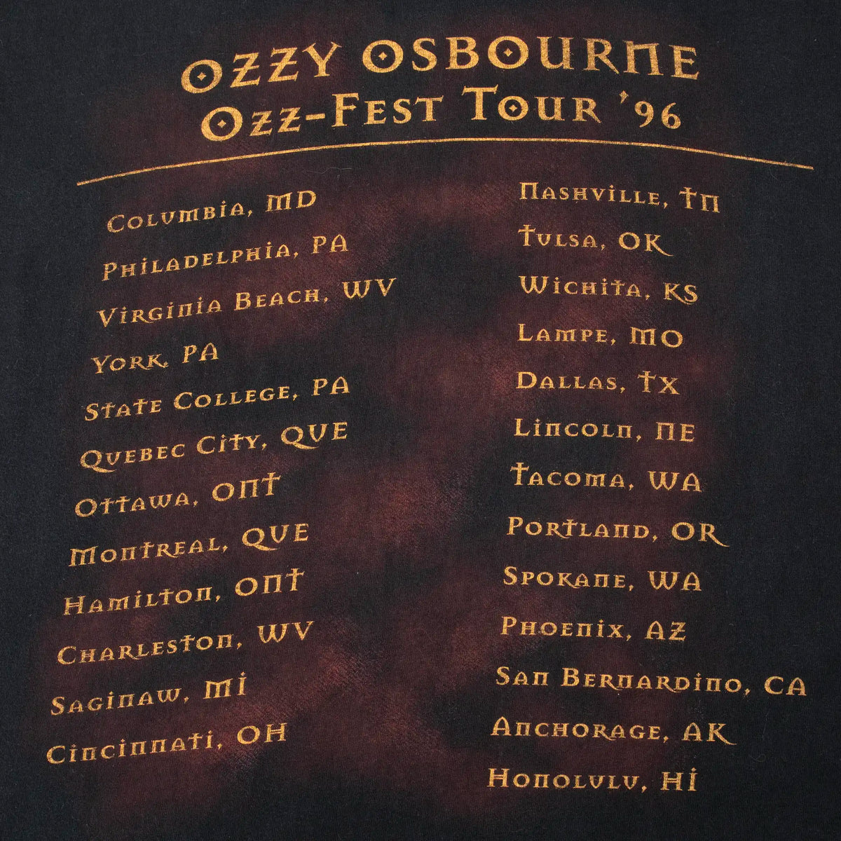 Close-up of Ozz-Fest Tour '96 city list printed on back of black T-shirt