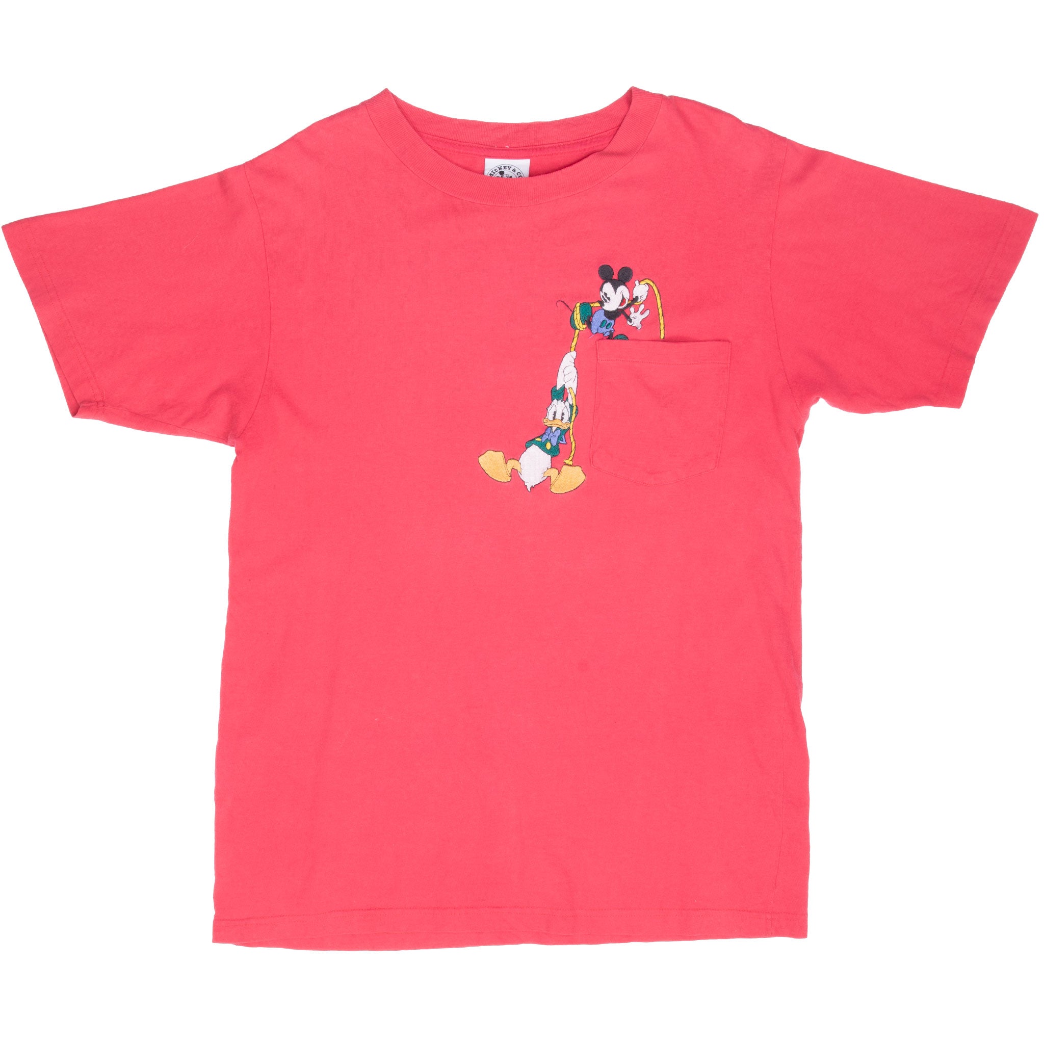 Front of red Disney pocket T-shirt with Mickey Mouse and Donald Duck embroidery