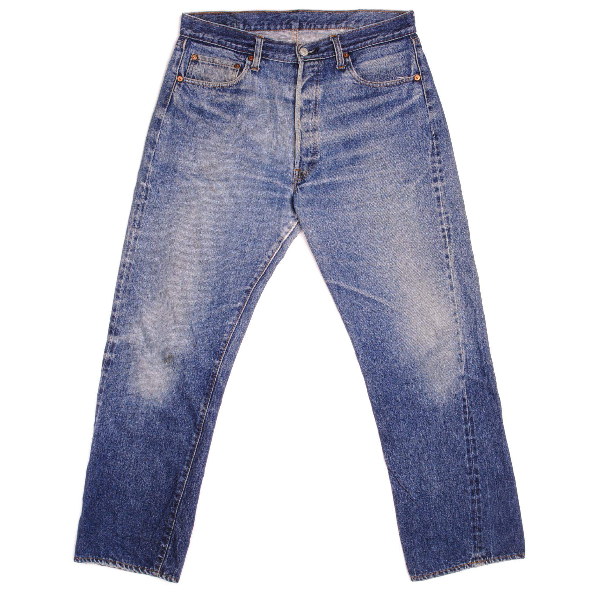 Beautiful Indigo Levis 501 Jeans 1970-1985 Made in USA with a medium blue wash and a nice contrast of light and medium blue. Size 35x29 Back Button #6